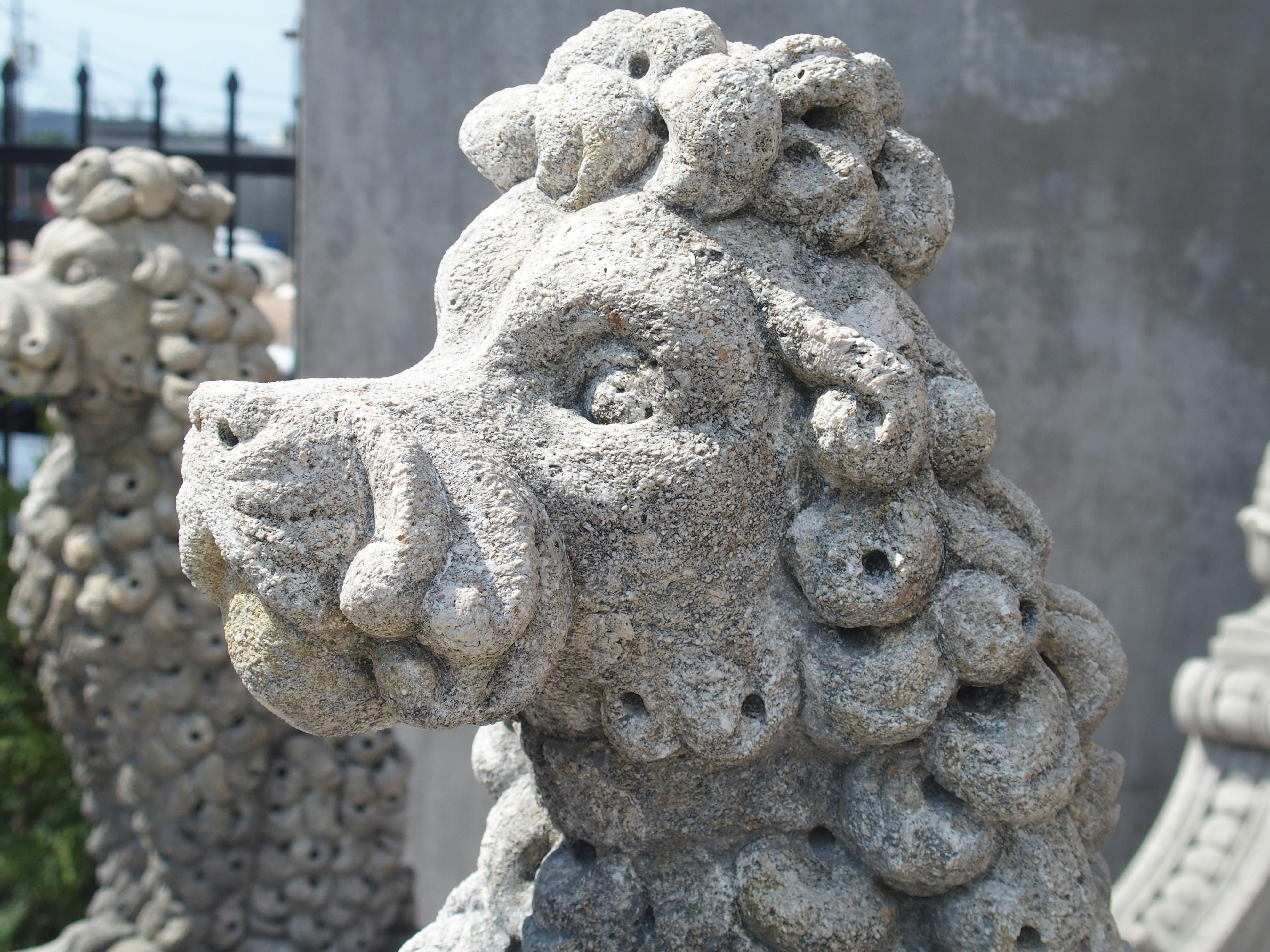 Hand-Carved Pair of Carved Limestone Poodles from Italy