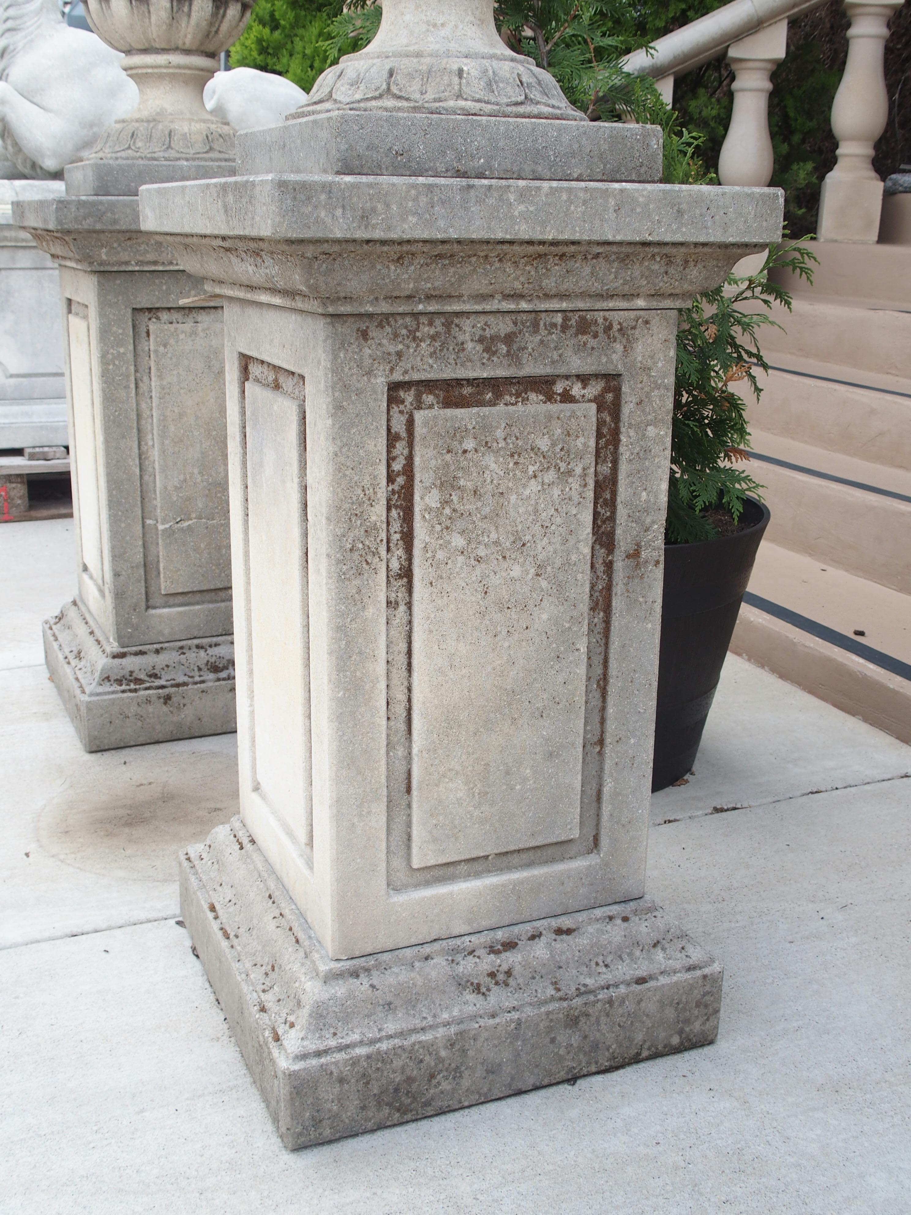 Pair of Carved Limestone Ram Heads Vases on Pedestals 4