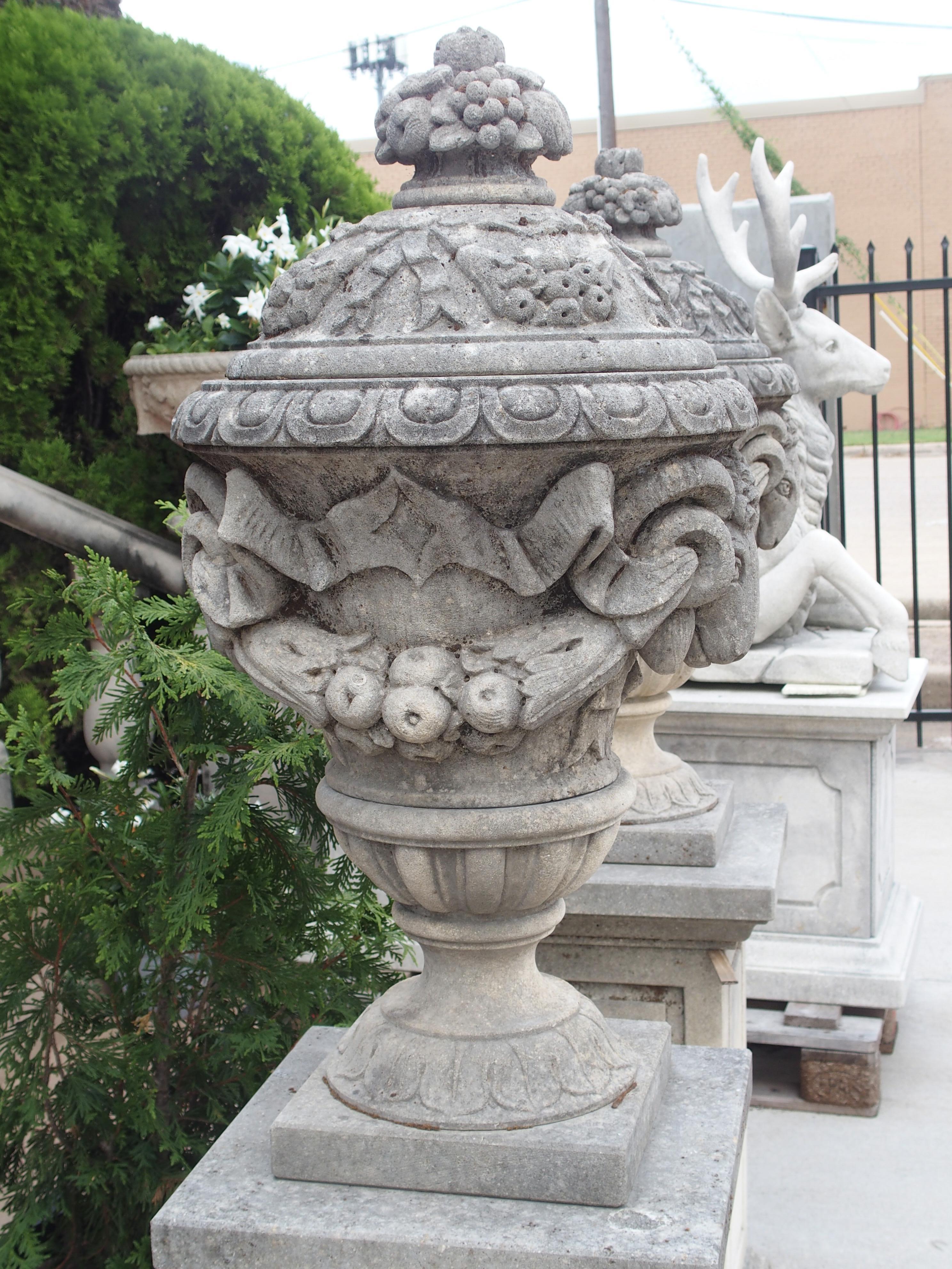 Pair of Carved Limestone Ram Heads Vases on Pedestals 5