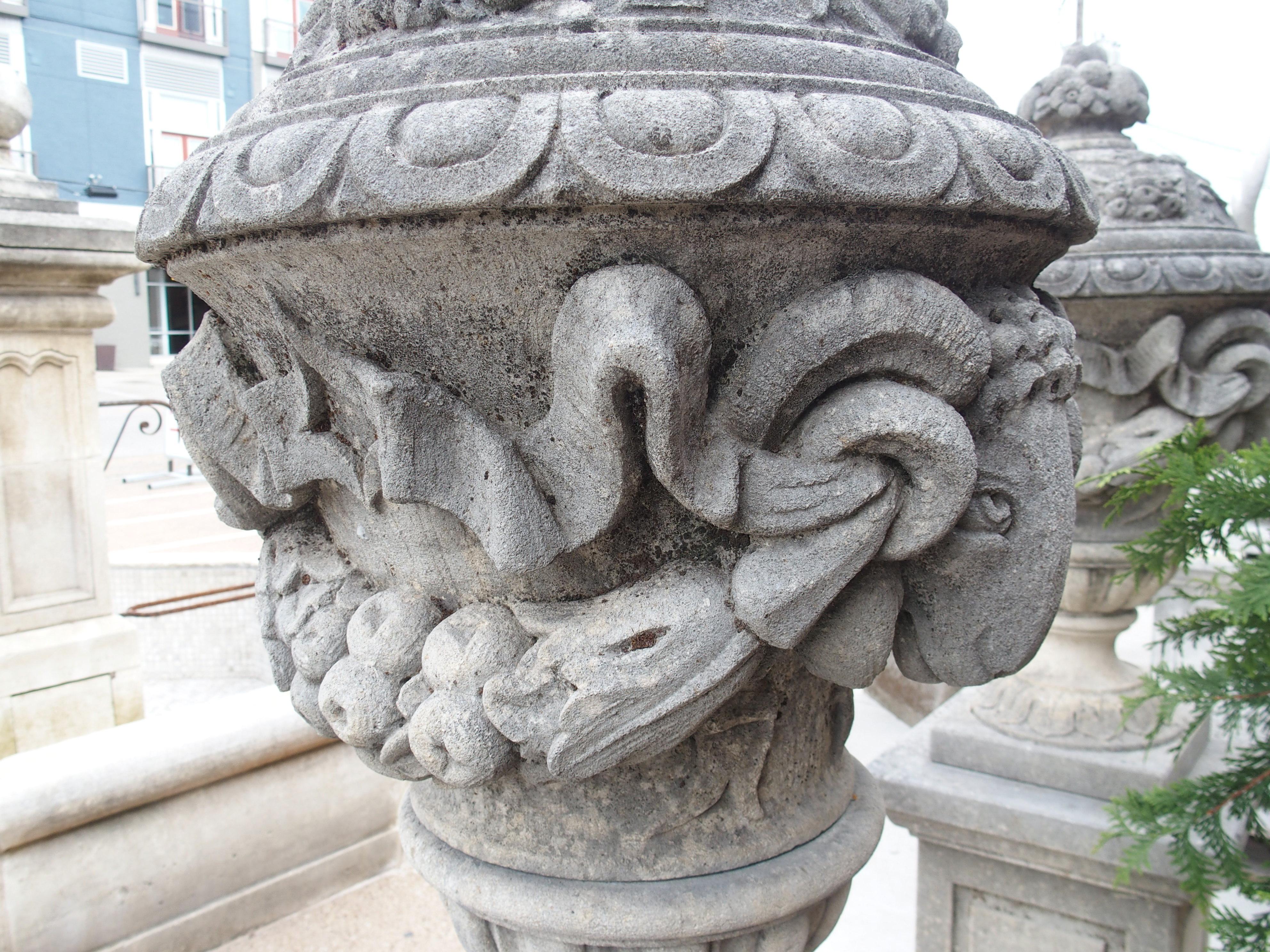 Pair of Carved Limestone Ram Heads Vases on Pedestals 6