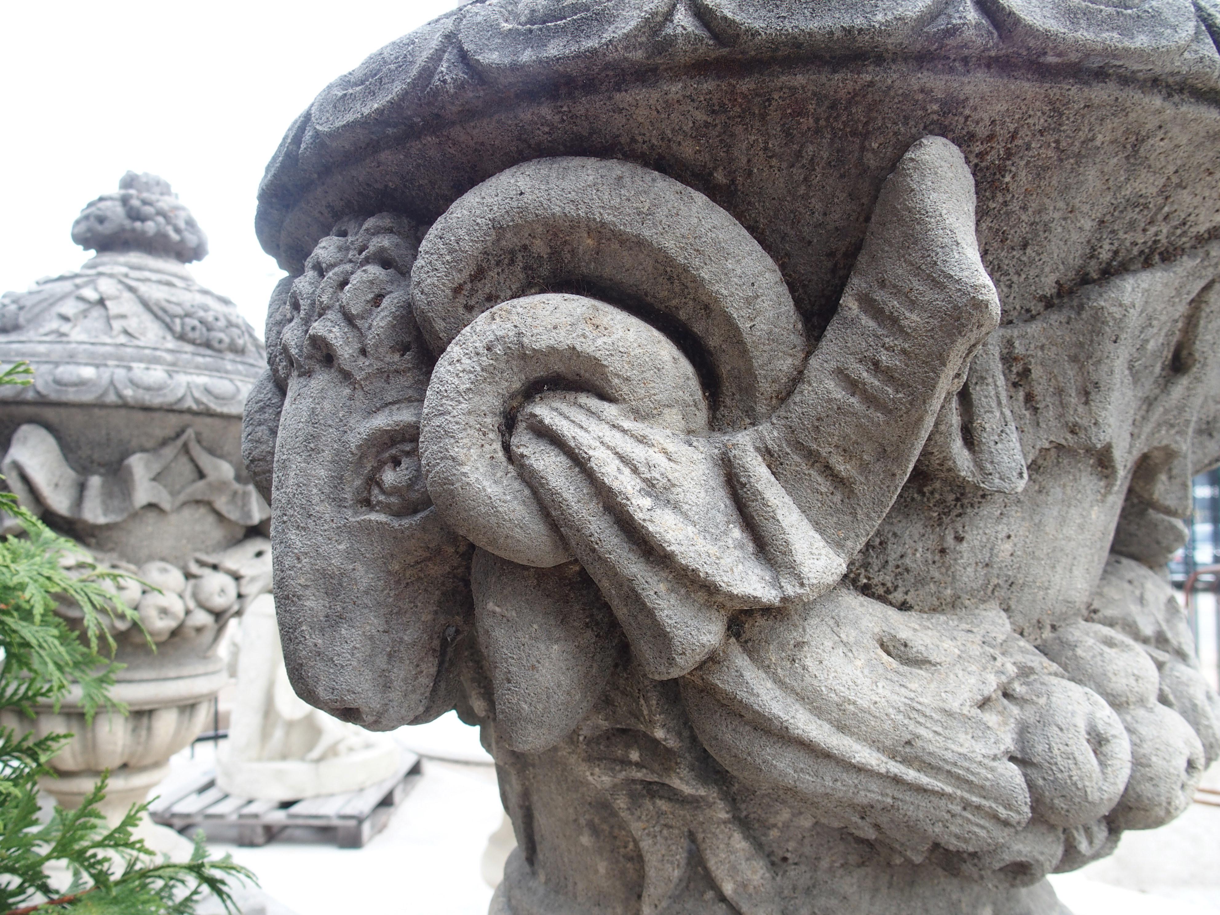 Pair of Carved Limestone Ram Heads Vases on Pedestals 7