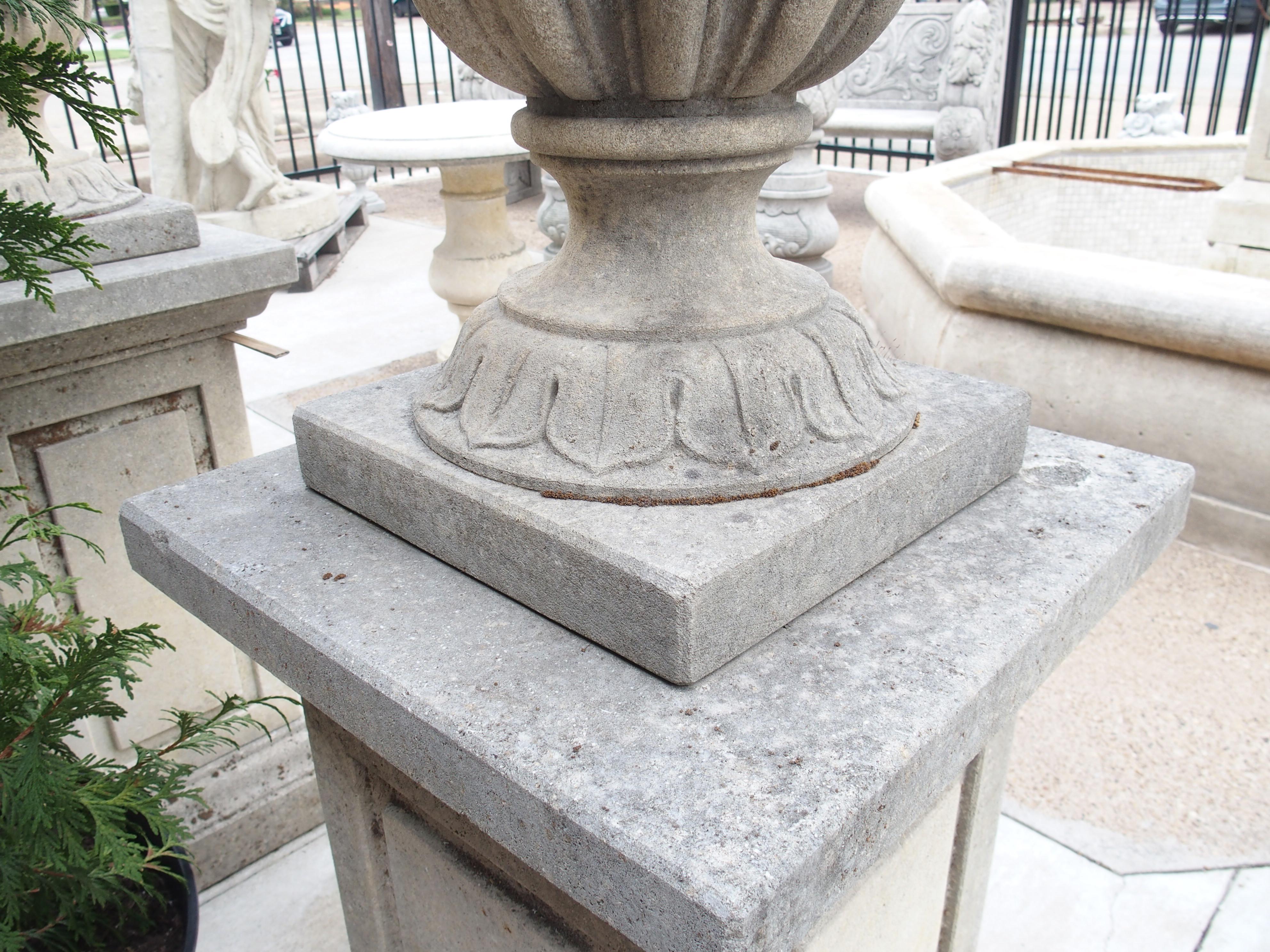 Pair of Carved Limestone Ram Heads Vases on Pedestals 8