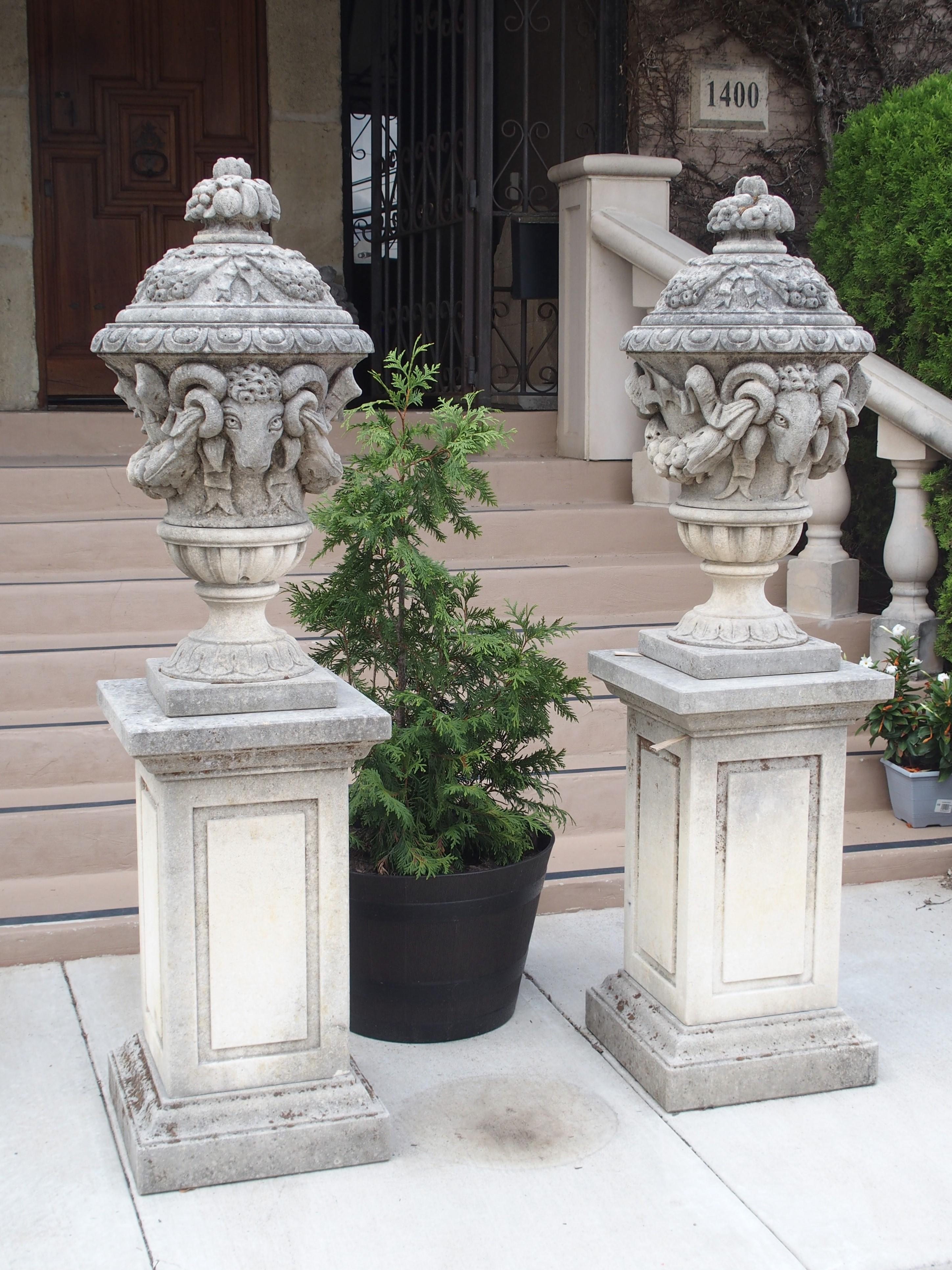 Pair of Carved Limestone Ram Heads Vases on Pedestals 9