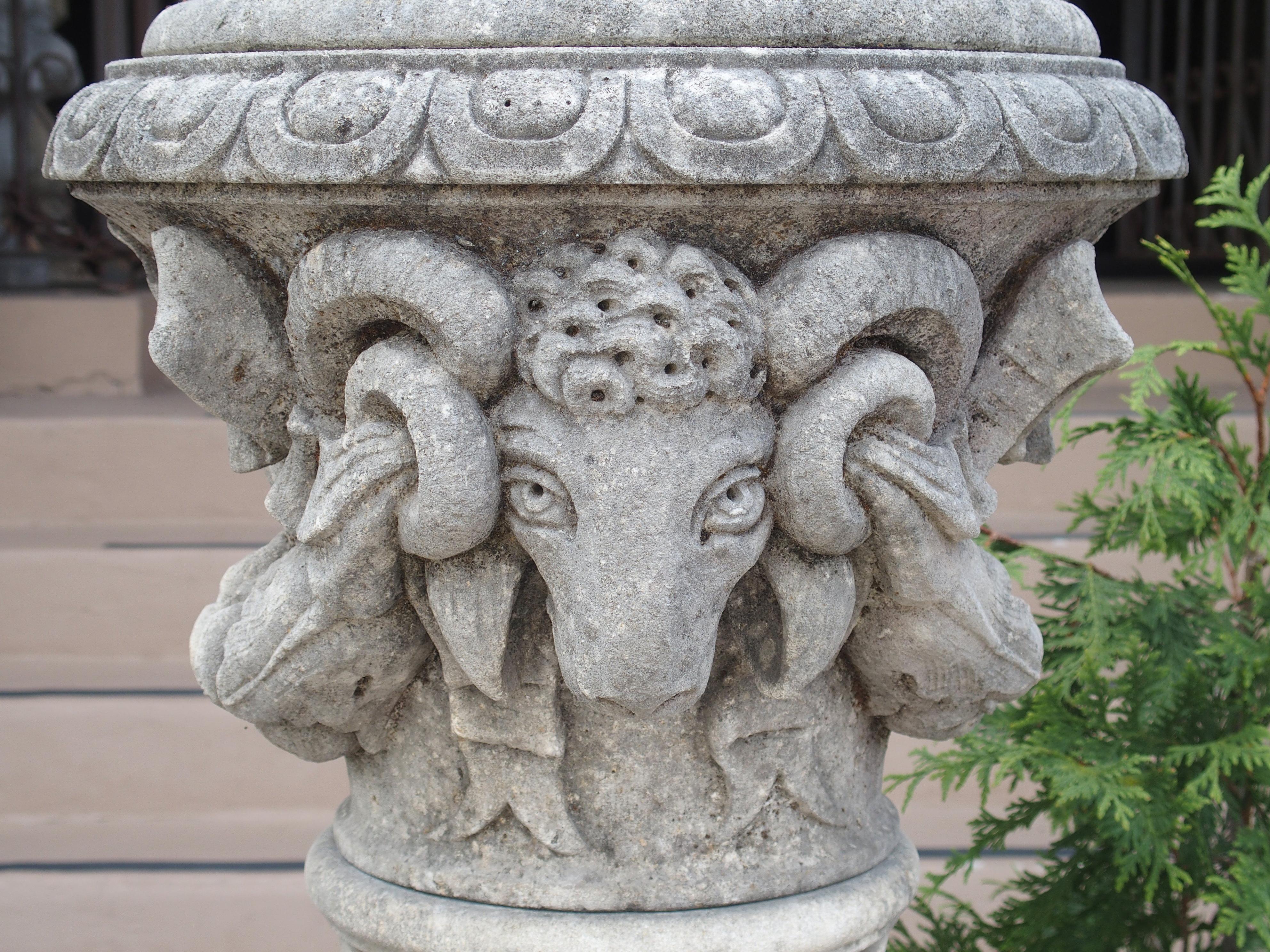 Pair of Carved Limestone Ram Heads Vases on Pedestals In Good Condition In Dallas, TX