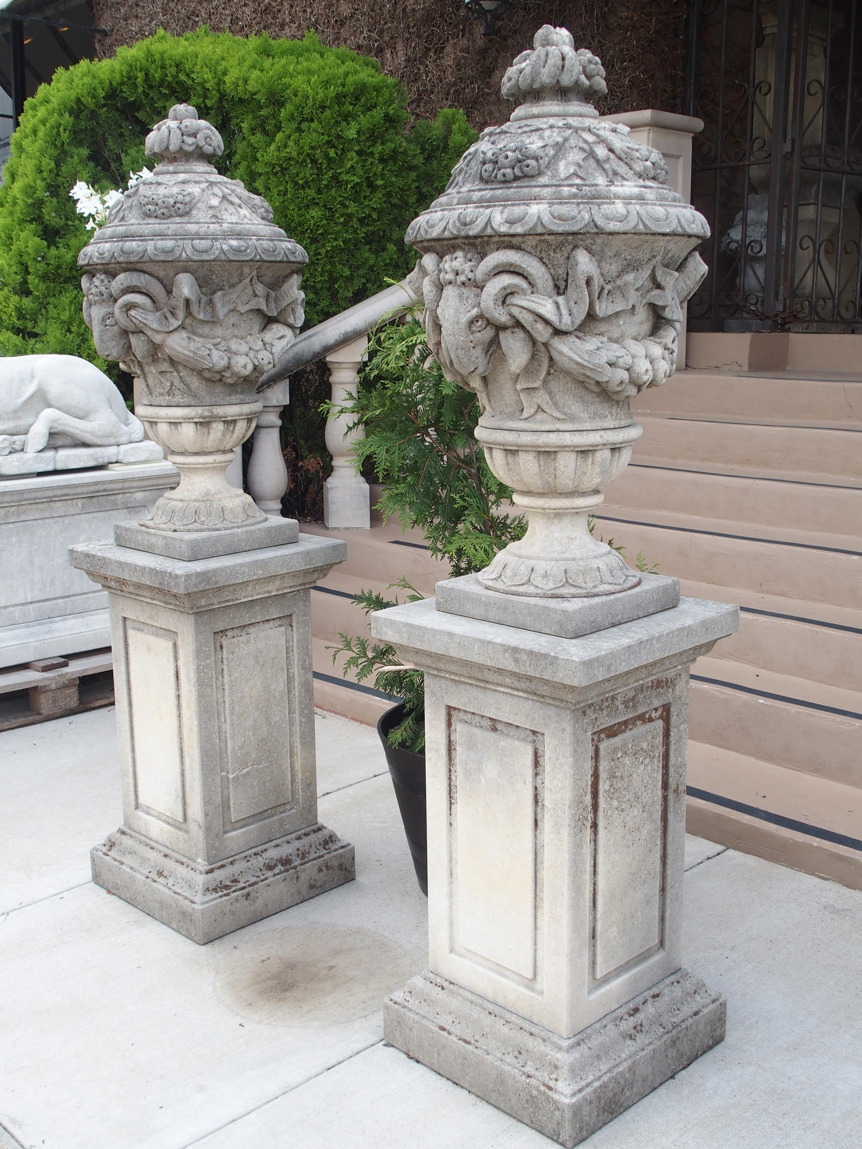 Pair of Carved Limestone Ram Heads Vases on Pedestals 3