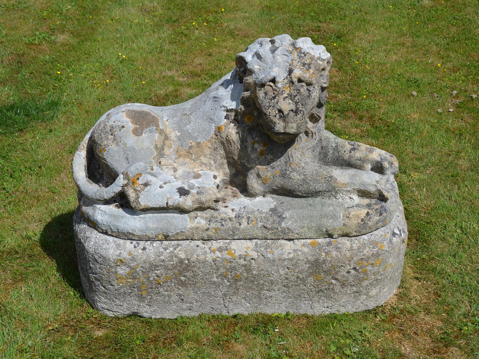 Pair of Carved Limestone Recumbent Lions For Sale 2
