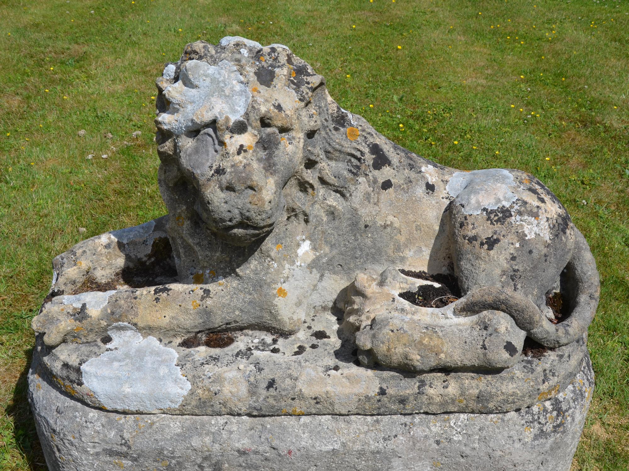 Pair of Carved Limestone Recumbent Lions For Sale 3