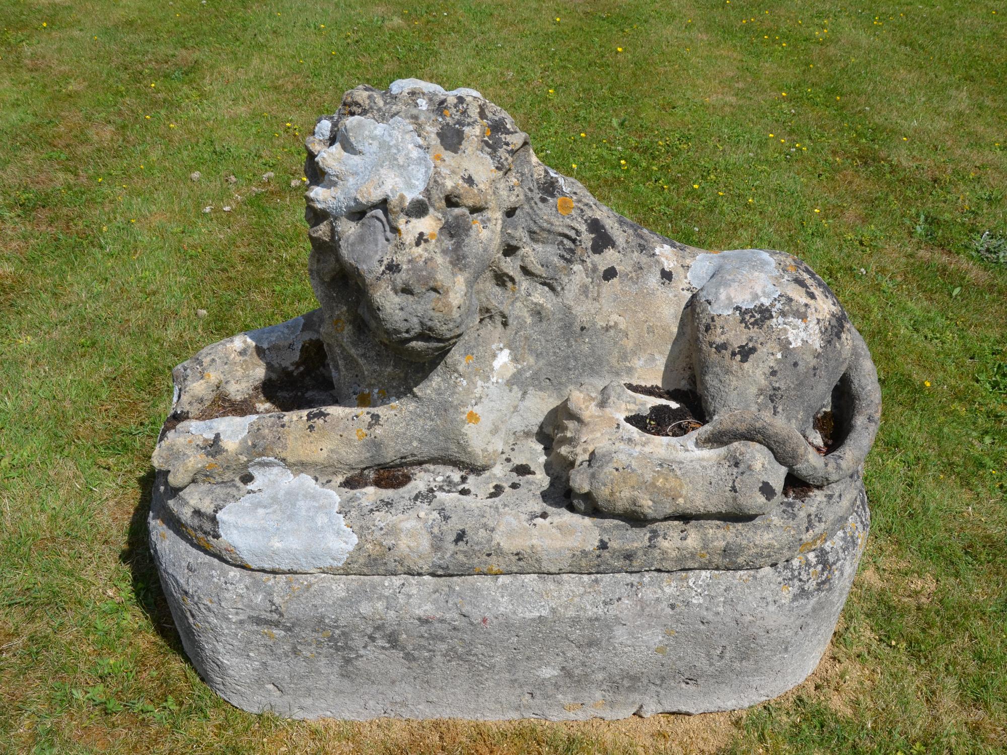 Pair of Carved Limestone Recumbent Lions For Sale 4