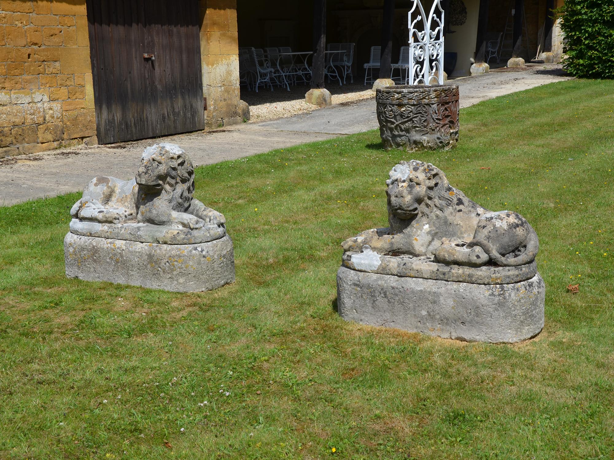 Pair of Carved Limestone Recumbent Lions For Sale 5