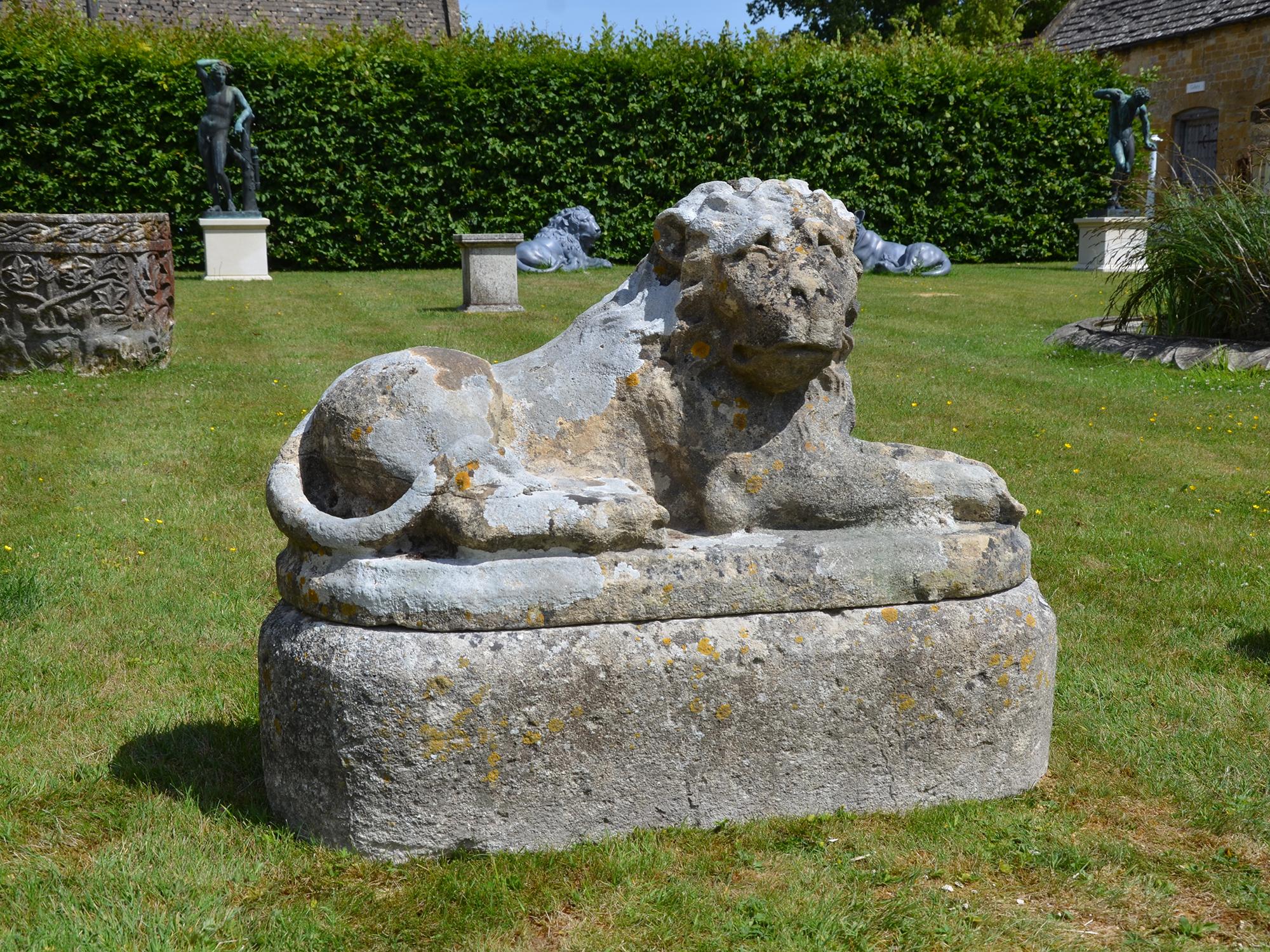 A pair of carved limestone recumbent lions.

The model for this pair of lions can be traced back to an unknown sculptor working circa 1740 for William Kent on behalf of Lord Burlington at Chiswick House. The carved Portland stone lion and lioness,