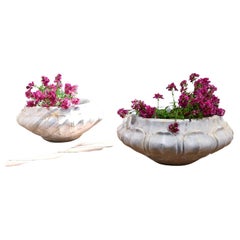 Pair of Carved Lotus Form Marble Jardinieres, Planters