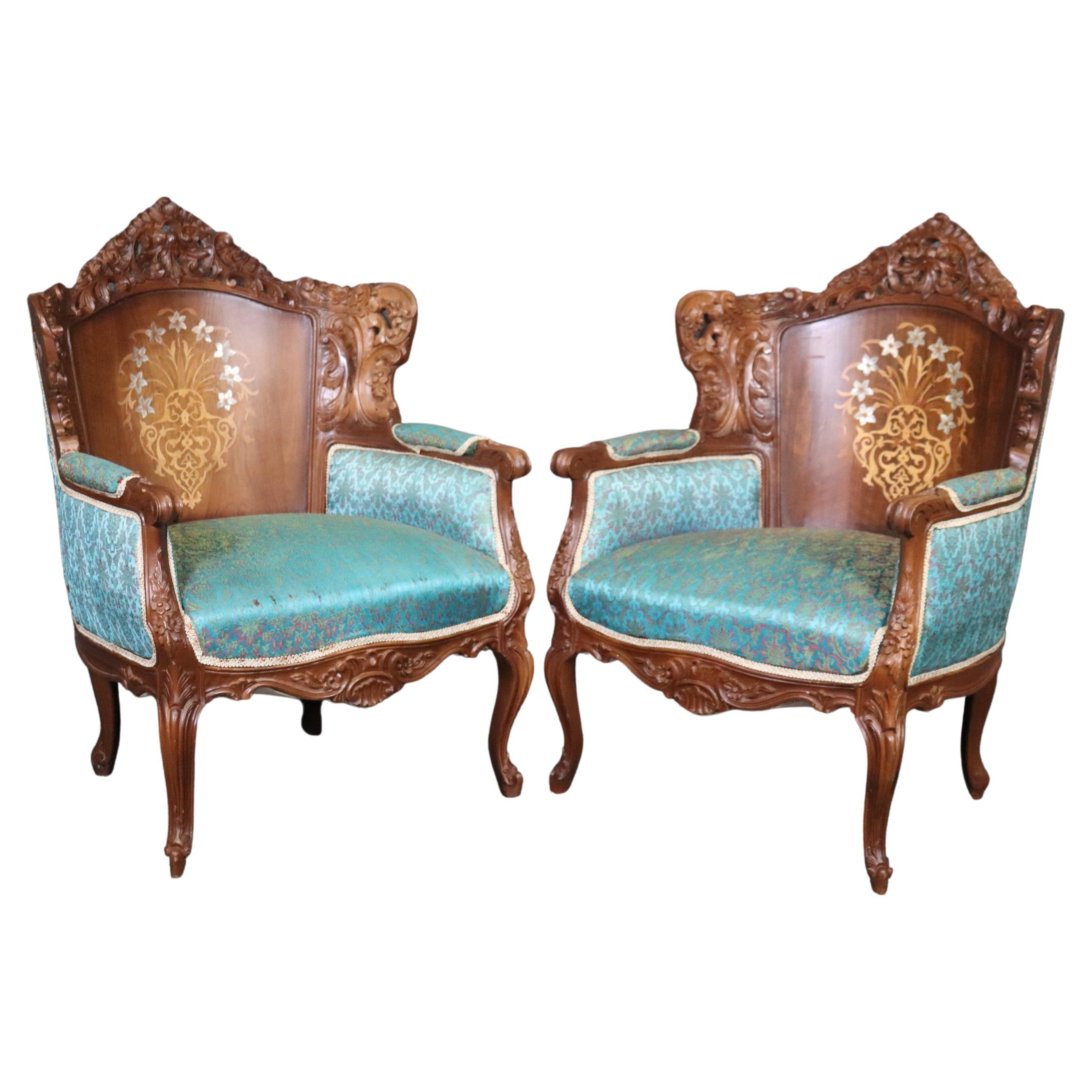 Pair of Carved Louis XV Style Armchairs Bergeres With Mother of Pearl Decoration For Sale