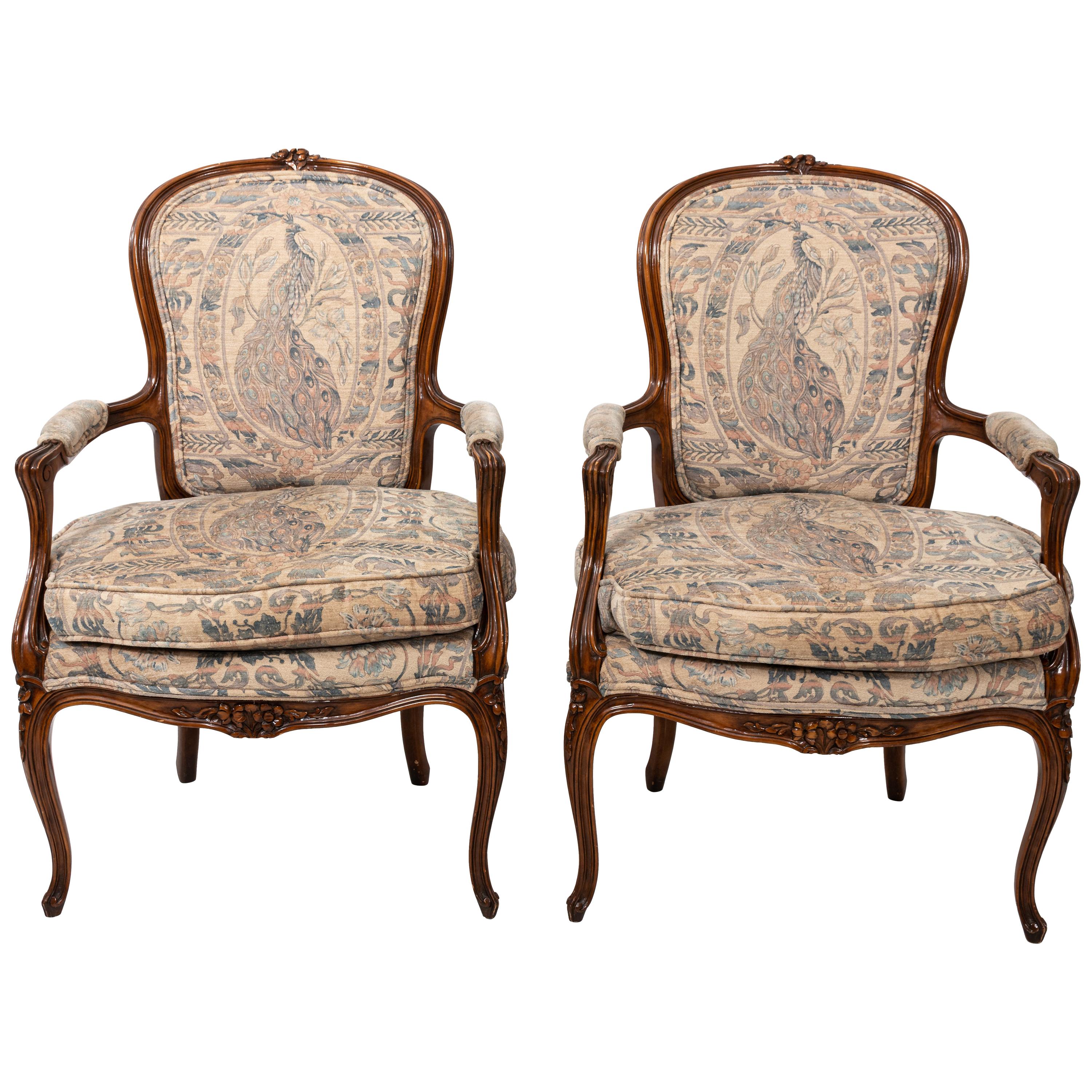 Pair of Carved Louis XV Style Open Armchairs