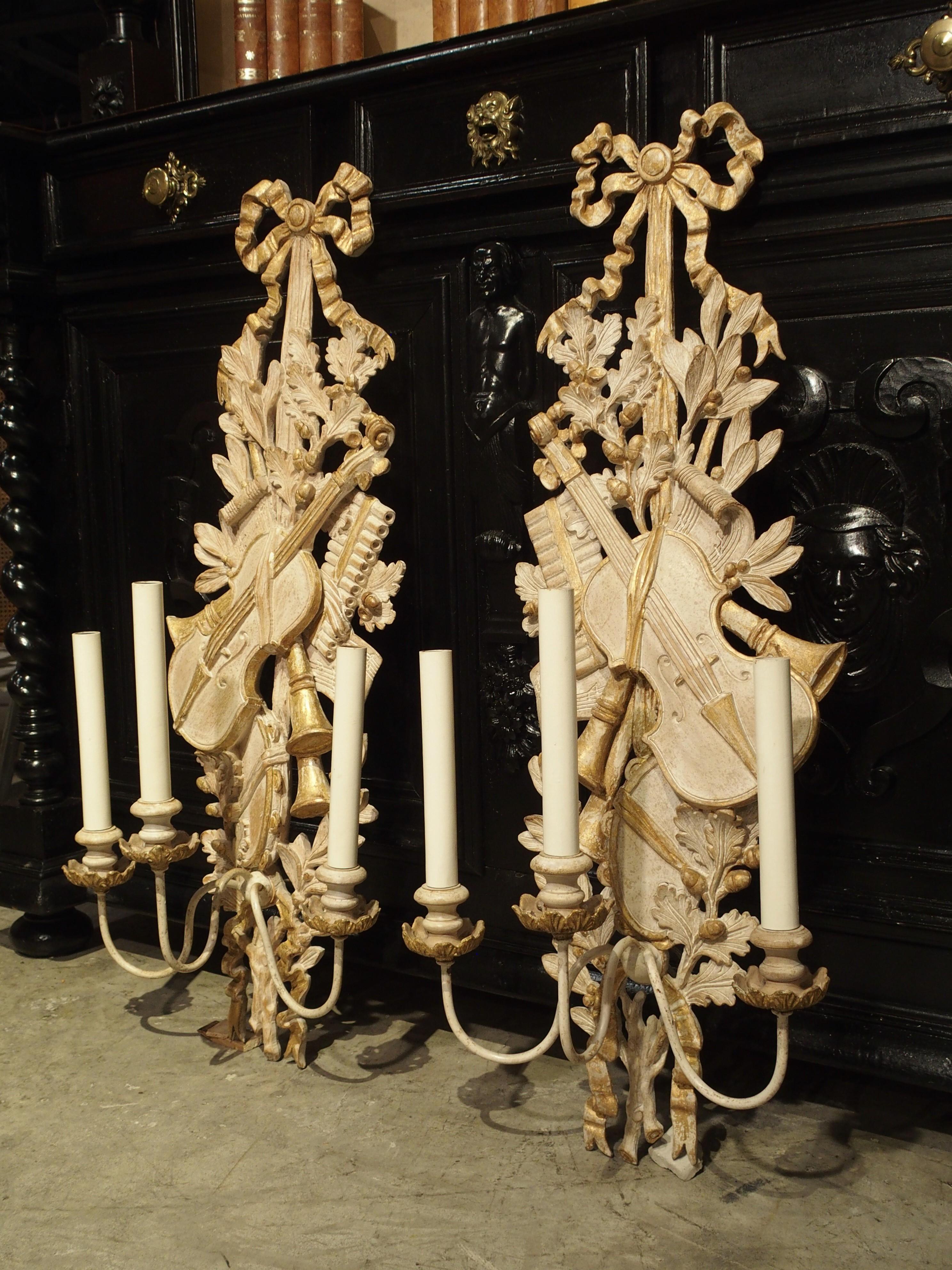 Pair of Carved Louis XVI Style Musical Trophy Sconces from France 4