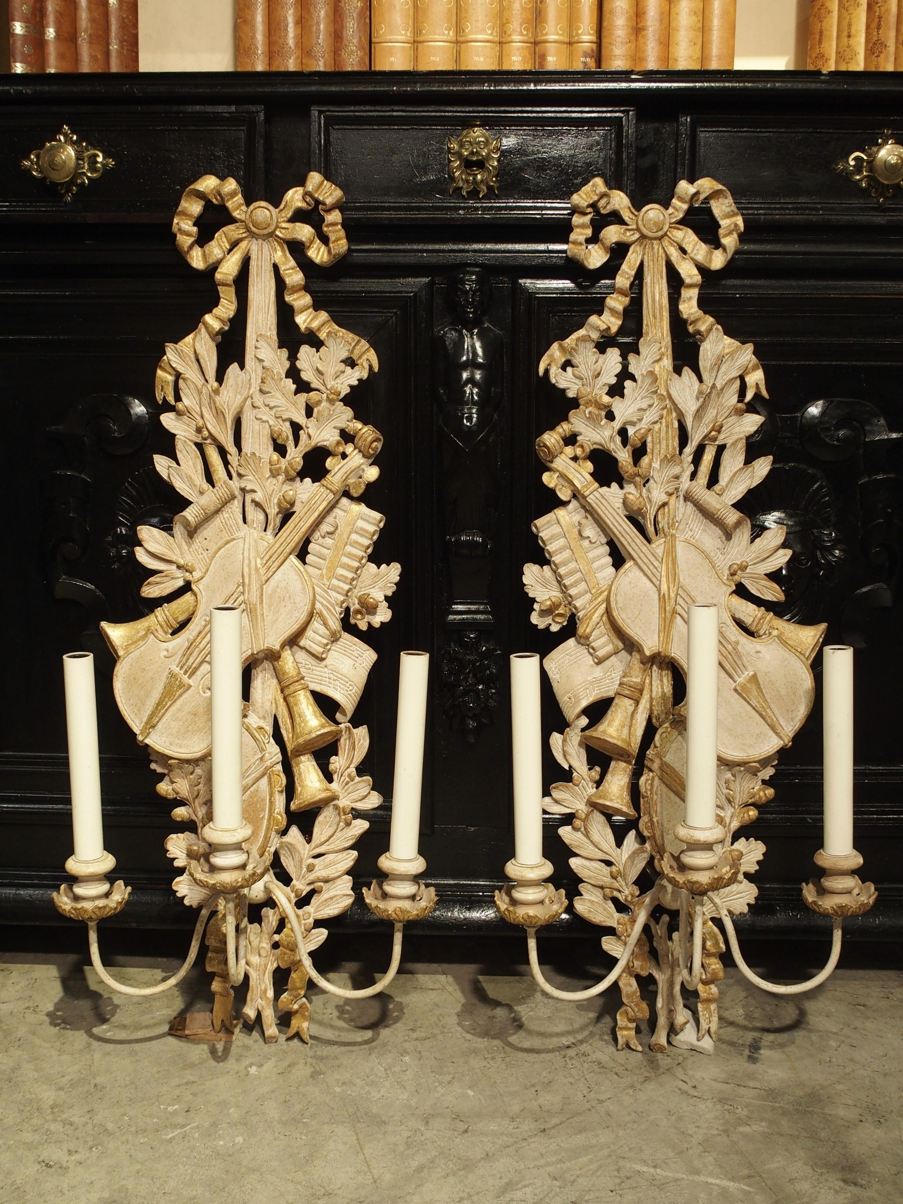 French Pair of Carved Louis XVI Style Musical Trophy Sconces from France