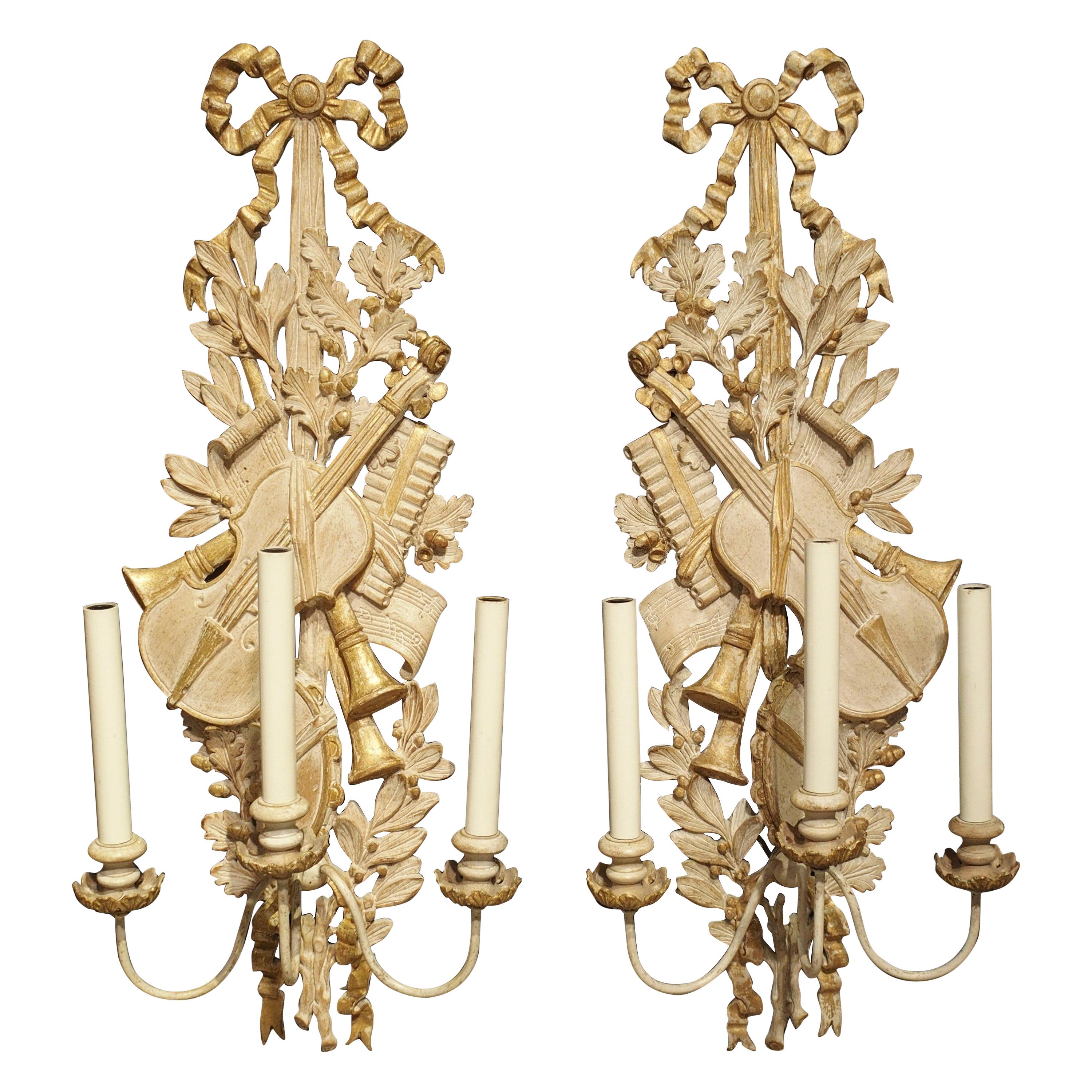 Pair of Carved Louis XVI Style Musical Trophy Sconces from France