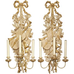 Vintage Pair of Carved Louis XVI Style Musical Trophy Sconces from France