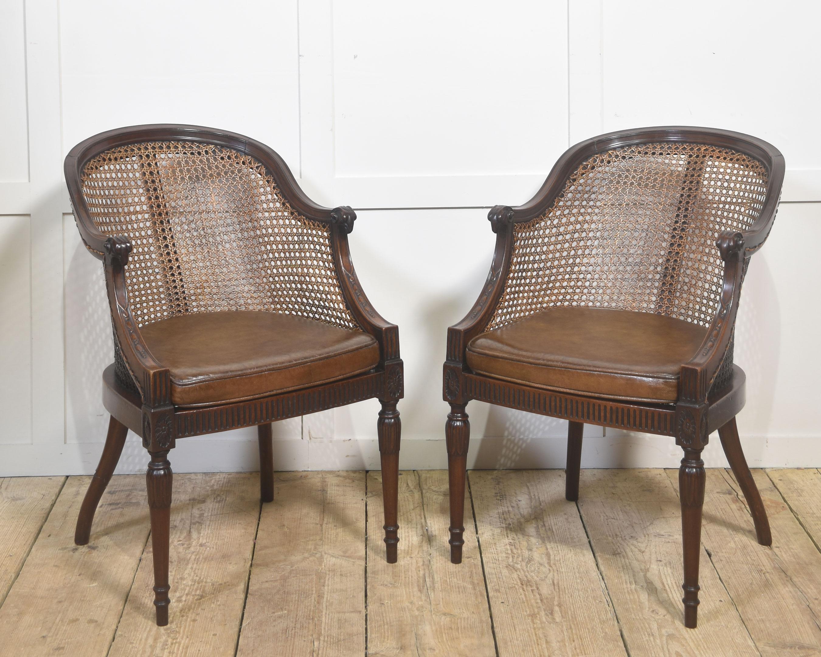 Cette élégante paire de chaises de bibliothèque en acajou témoigne de l'artisanat raffiné et du style néo-classique en vogue au début du XXe siècle. Chaque chaise présente une gracieuse silhouette de dossier en tonneau avec des panneaux de canne