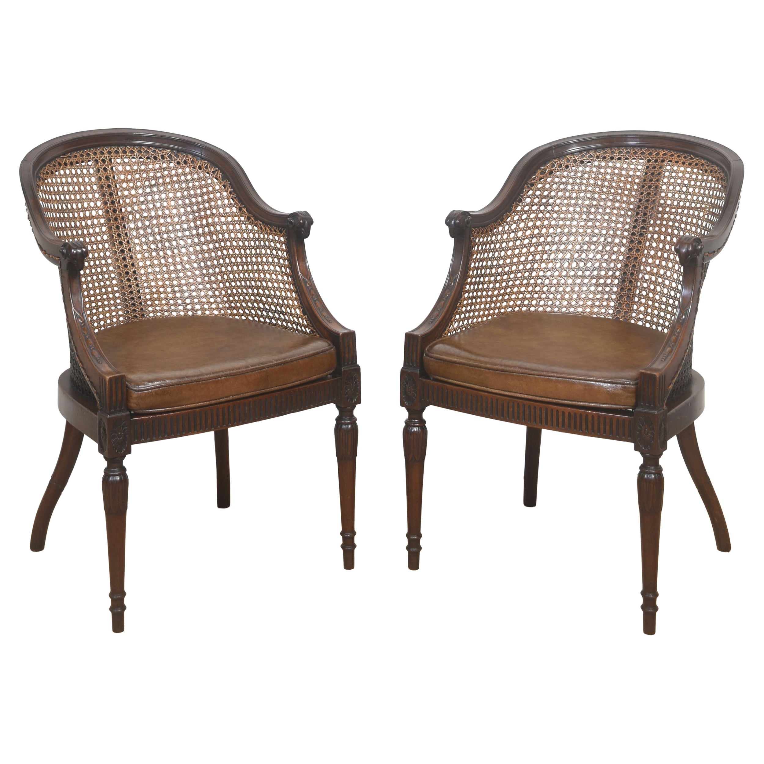 Paire de chaises de bibliothèque en acajou sculpté et en rotin