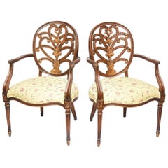 Pair of Carved Mahogany Armchairs, Lovely Decorative Back and Finely Turned Legs