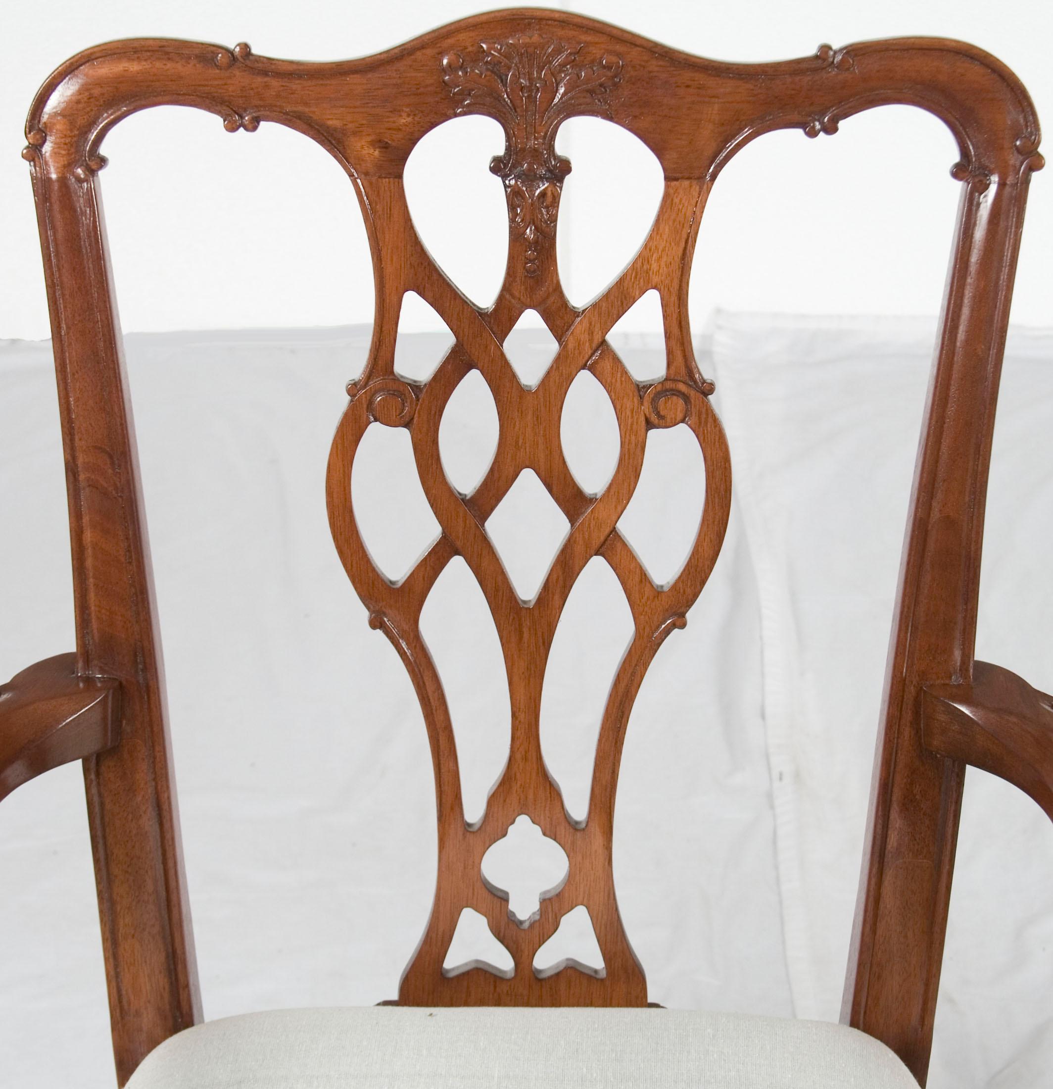 American Pair of Carved Mahogany Chippendale Style Dining Room Armchairs For Sale