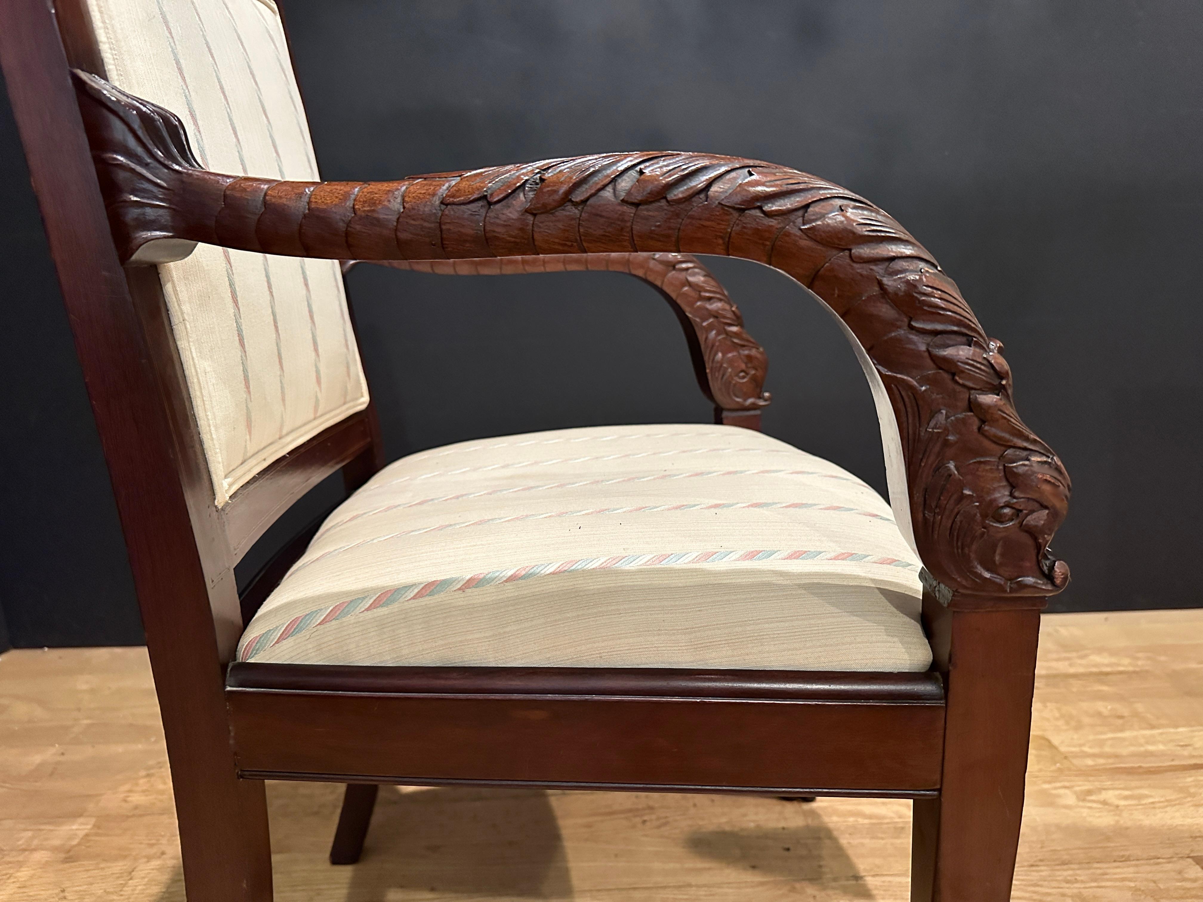 Hand-Carved Pair Of Carved Mahogany Dolphin Form Armchairs For Sale
