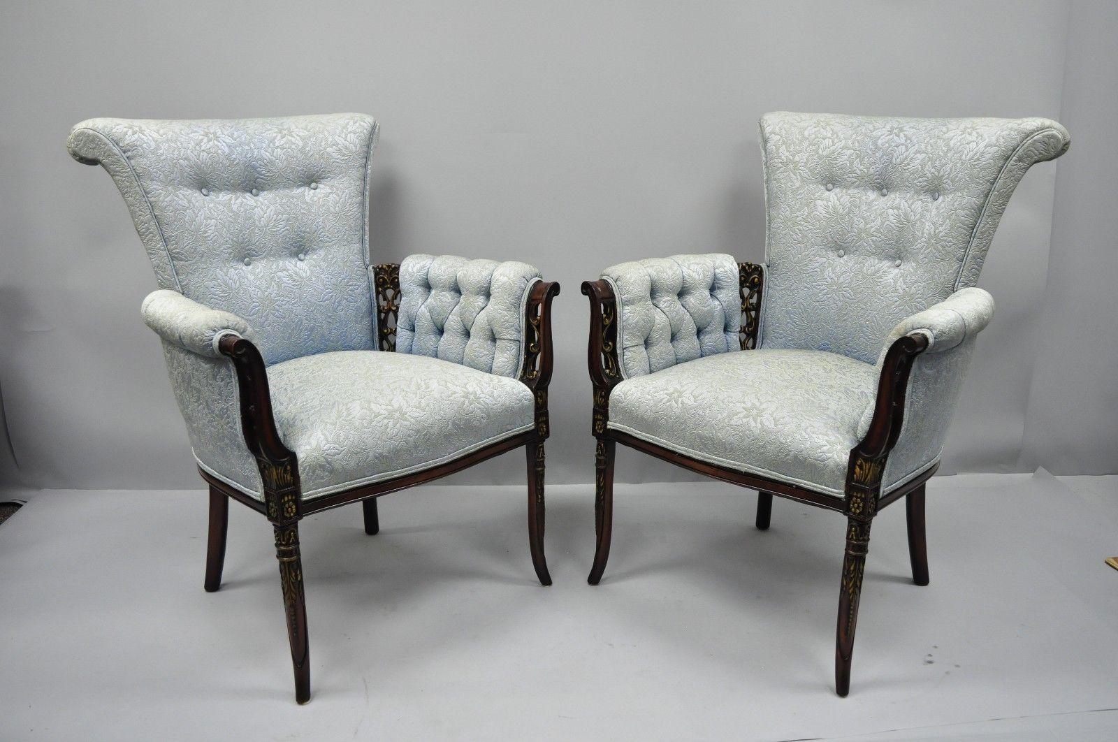 Pair of Carved Mahogany Fireside Armchairs French Hollywood Regency Blue Chairs 4