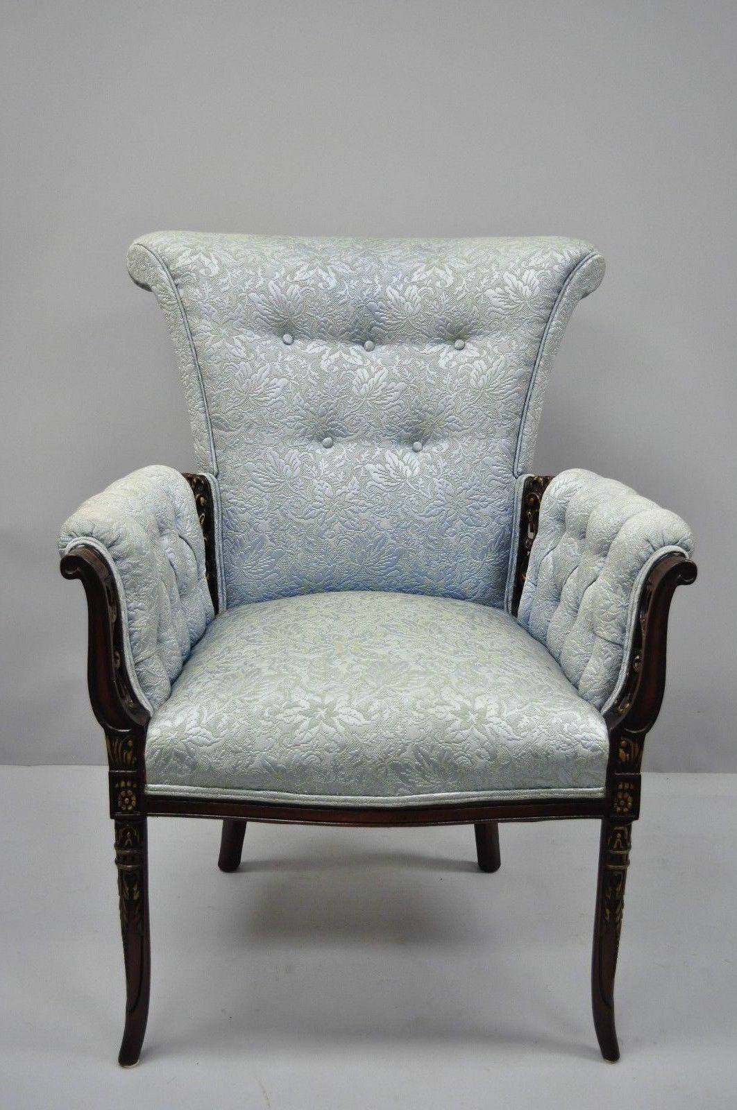 Pair of Carved Mahogany Fireside Armchairs French Hollywood Regency Blue Chairs 5