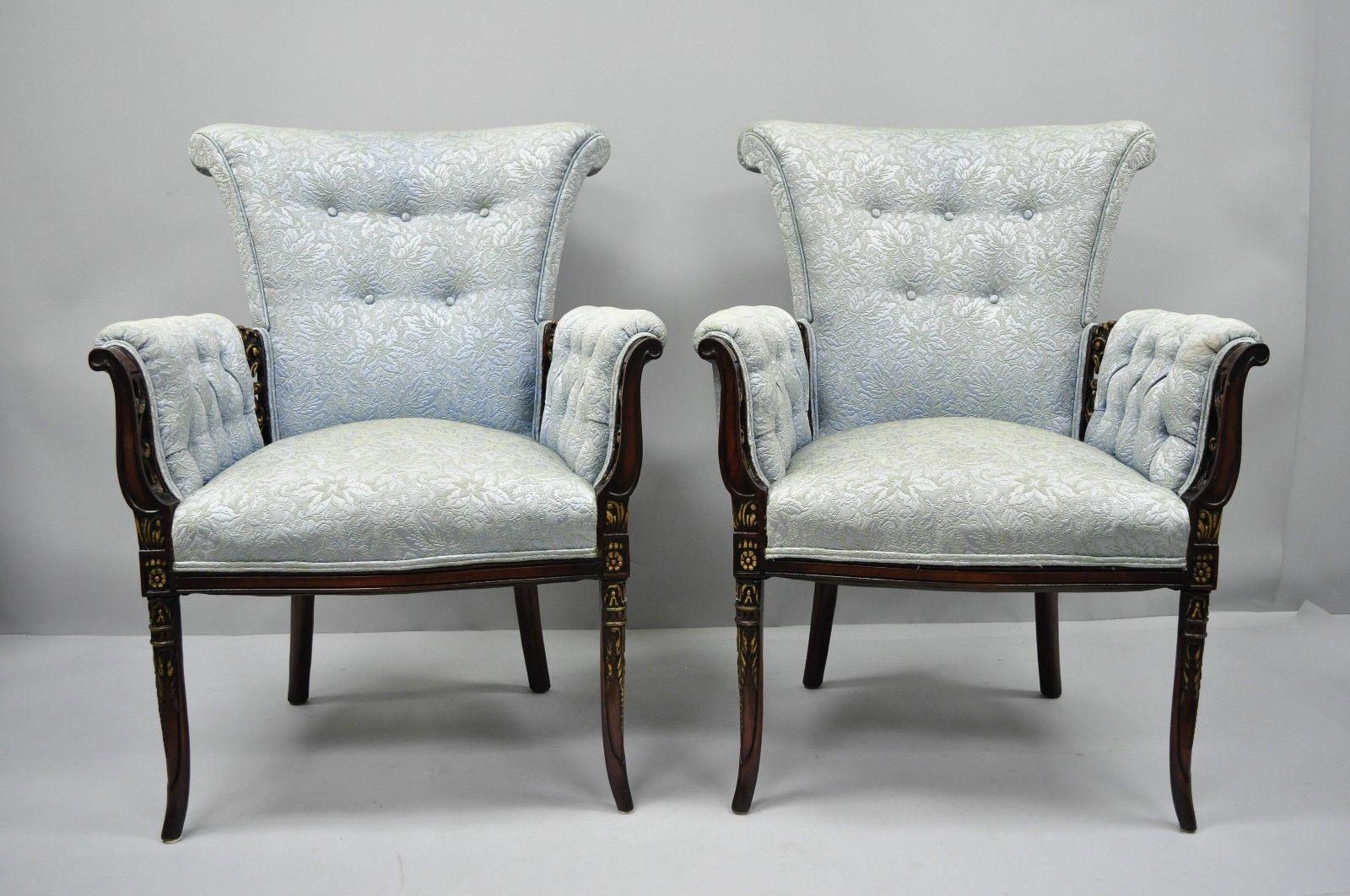 Pair of Carved Mahogany Fireside Armchairs French Hollywood Regency Blue Chairs 6