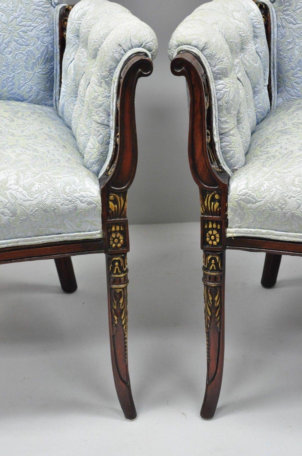 American Pair of Carved Mahogany Fireside Armchairs French Hollywood Regency Blue Chairs