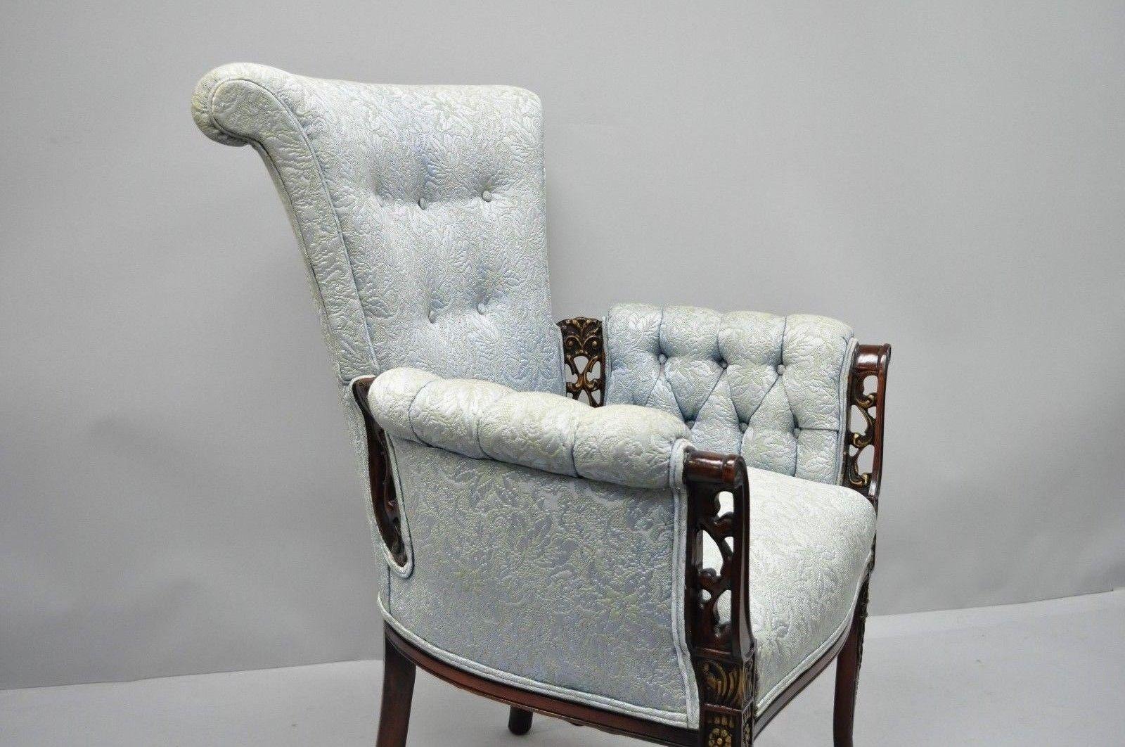 Pair of Carved Mahogany Fireside Armchairs French Hollywood Regency Blue Chairs In Good Condition In Philadelphia, PA