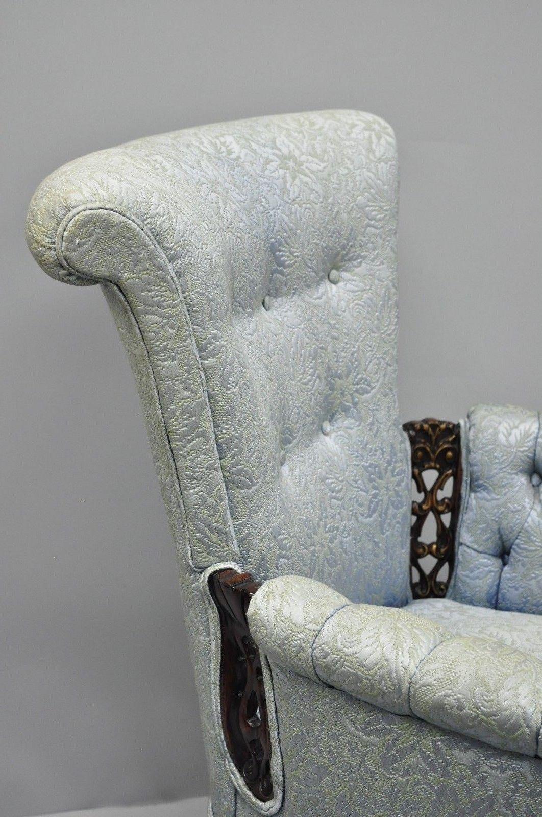 Fabric Pair of Carved Mahogany Fireside Armchairs French Hollywood Regency Blue Chairs