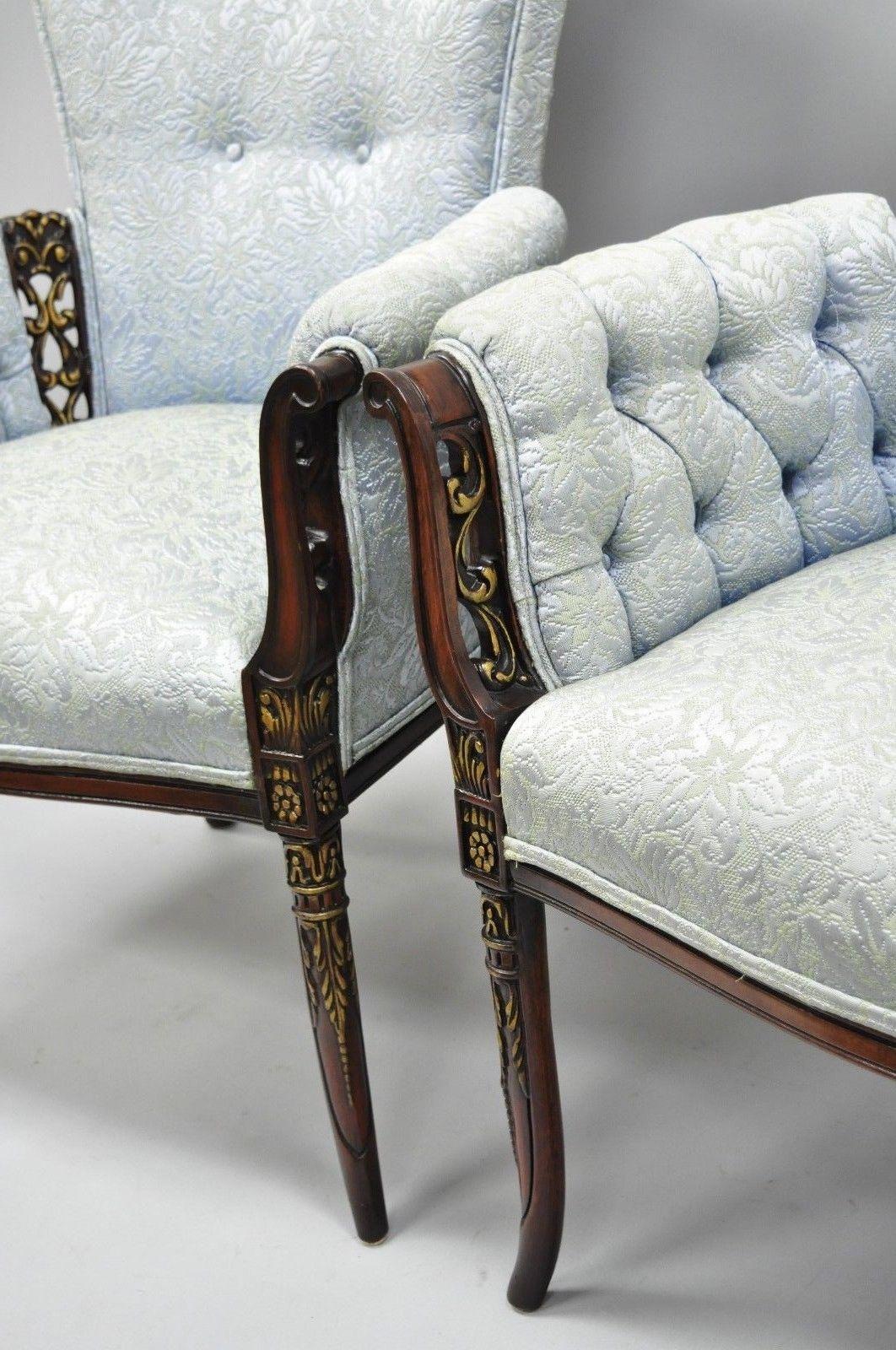 Pair of Carved Mahogany Fireside Armchairs French Hollywood Regency Blue Chairs 1