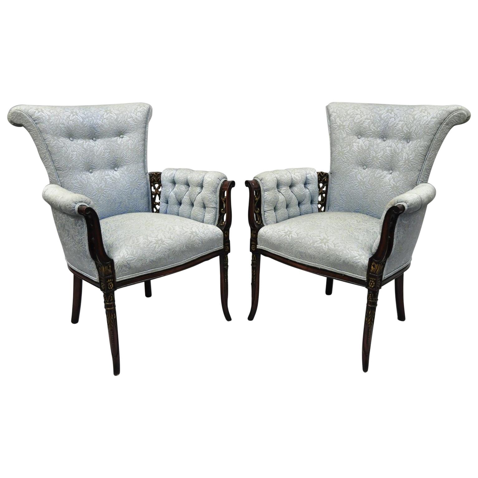 Pair of Carved Mahogany Fireside Armchairs French Hollywood Regency Blue Chairs