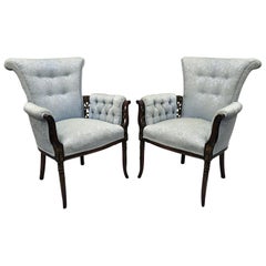 Pair of Carved Mahogany Fireside Armchairs French Hollywood Regency Blue Chairs