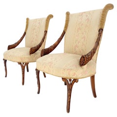 Pair of Carved Mahogany Fireside Lounge Chairs Regency Revival Style Clean!