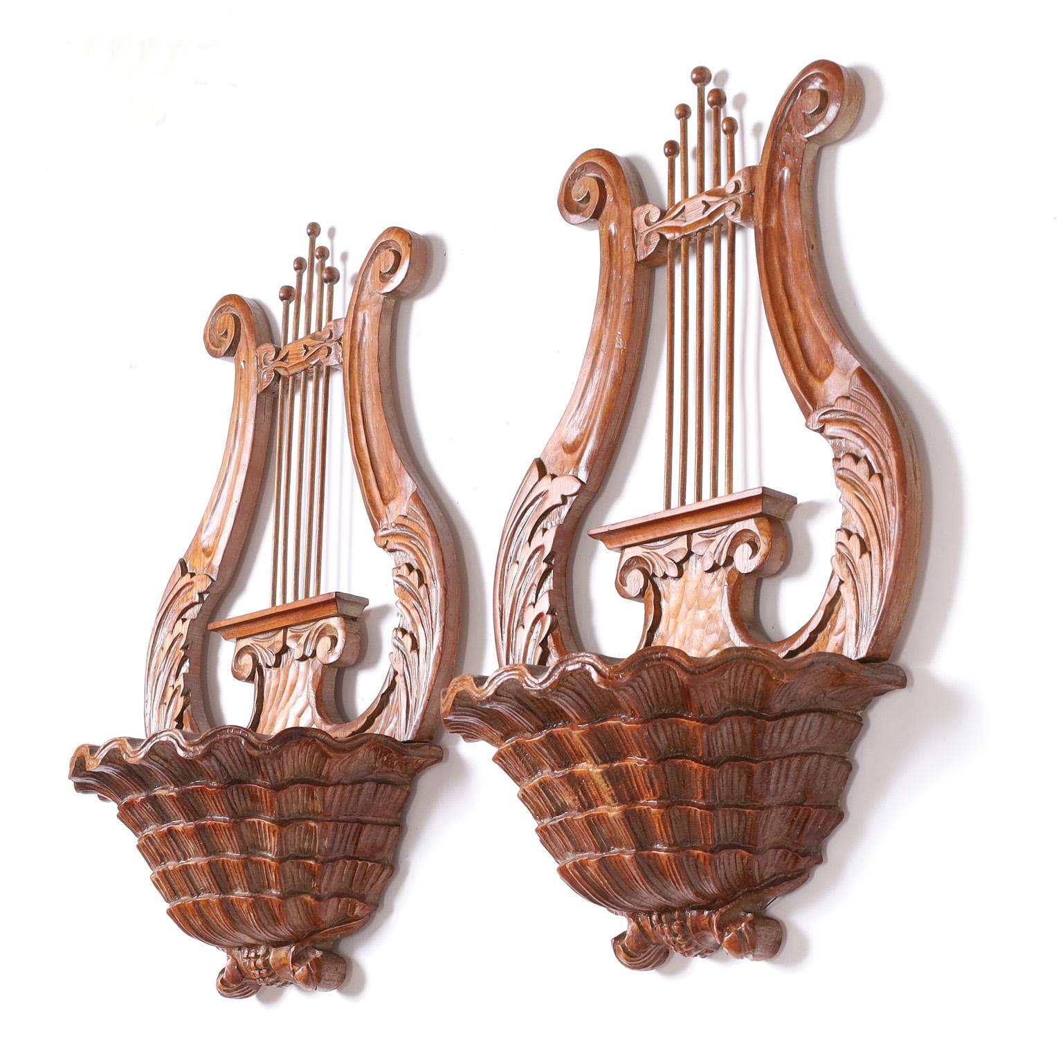 Neoclassical Pair of Carved Mahogany Lyre Form Wall Sconces For Sale
