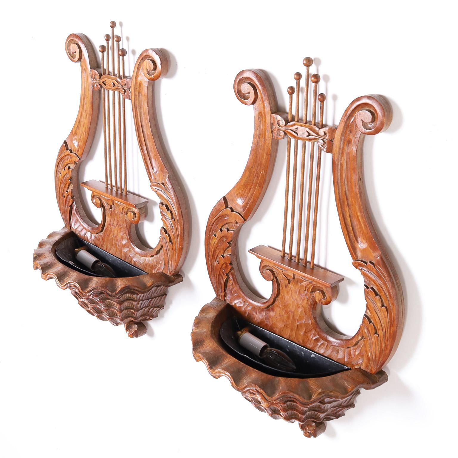 American Pair of Carved Mahogany Lyre Form Wall Sconces For Sale