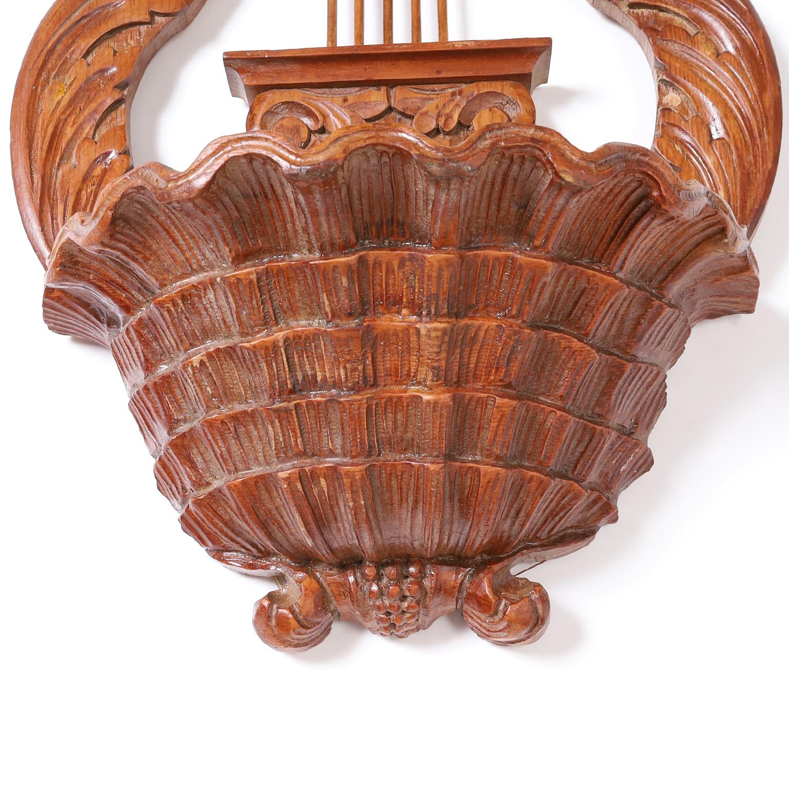 Pair of Carved Mahogany Lyre Form Wall Sconces For Sale 2
