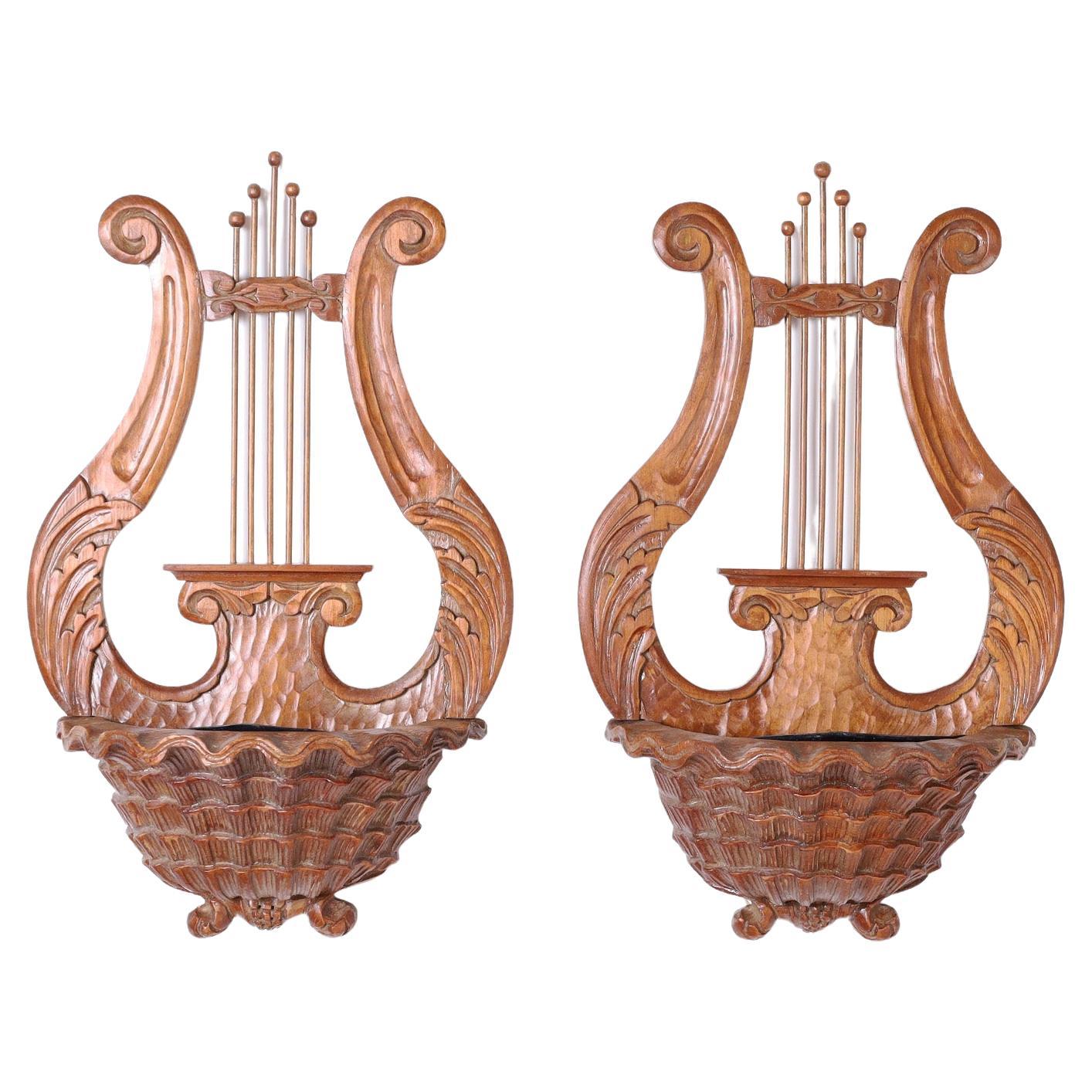 Pair of Carved Mahogany Lyre Form Wall Sconces For Sale