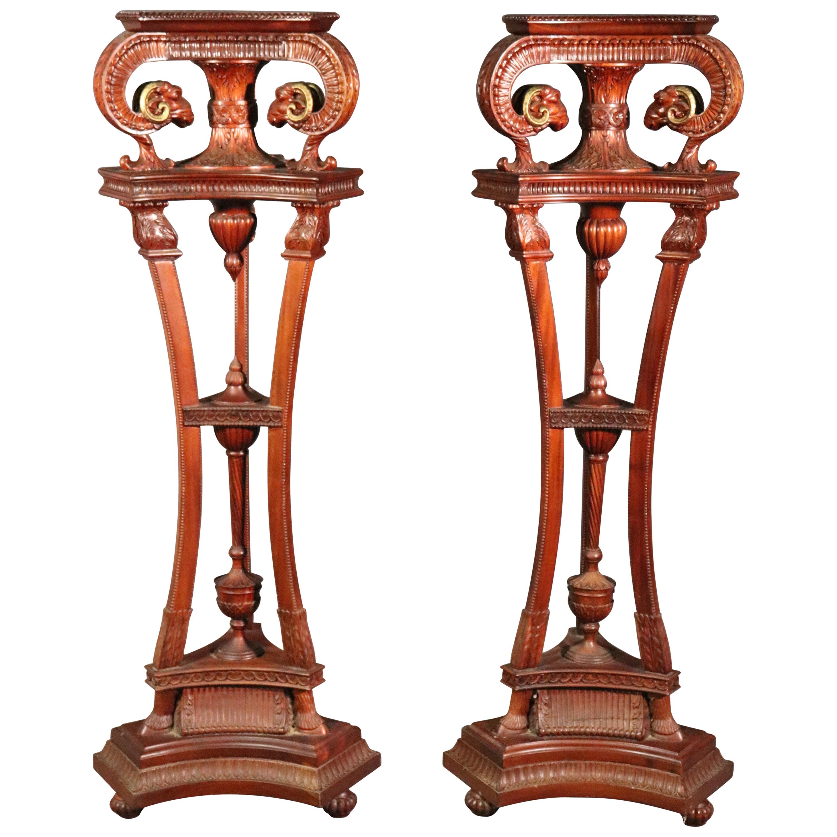 Pair of Carved Mahogany Rams Head Georgian Style Vintage Pedestals Plantstands