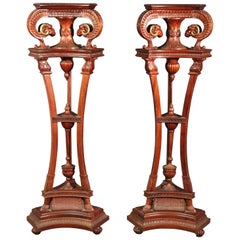 Pair of Carved Mahogany Rams Head Georgian Style Vintage Pedestals Plantstands