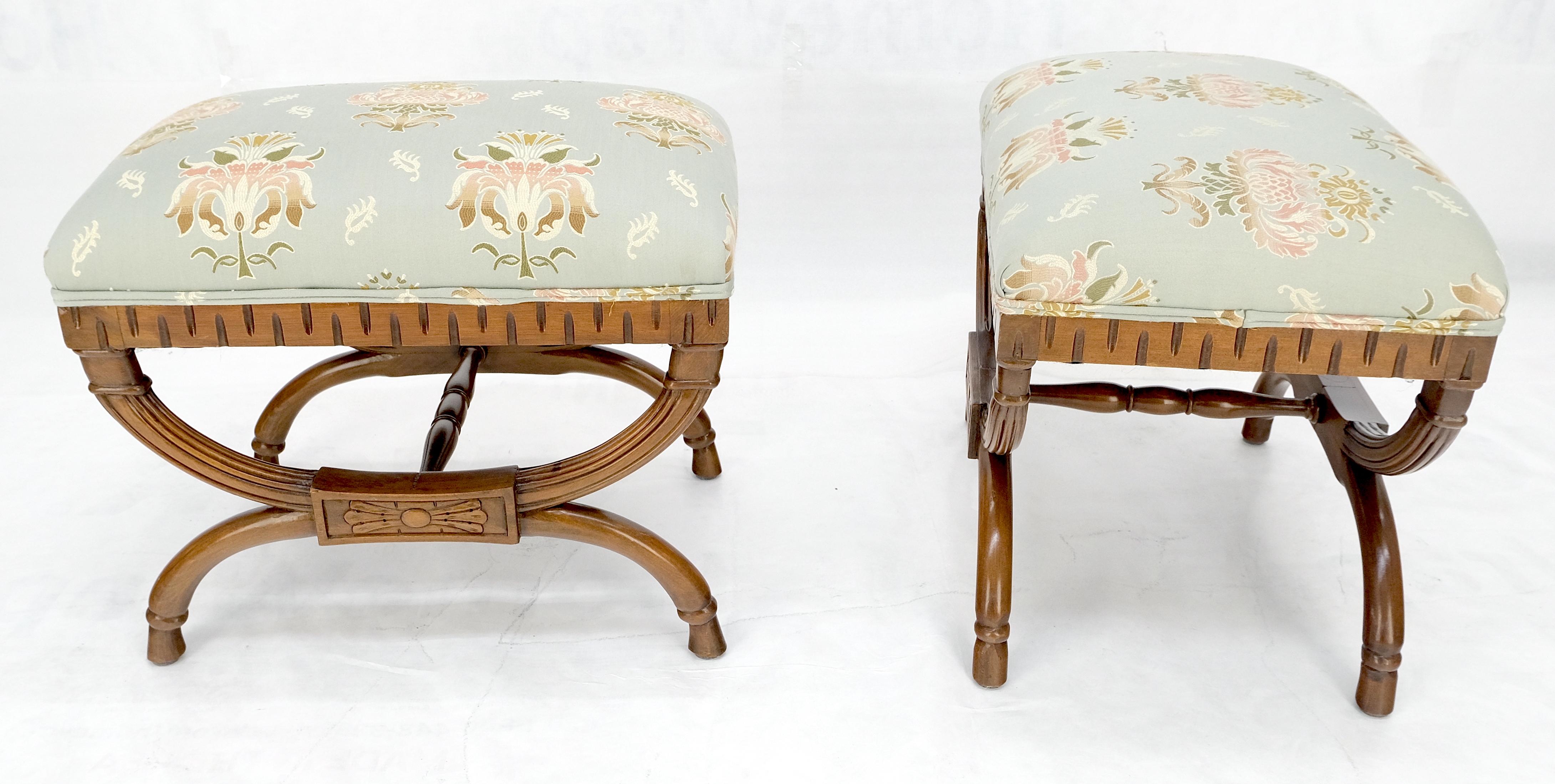 Pair of Carved Mahogany Regency Style Upholstered Decorative Benches MINT! 5