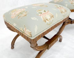 Pair of Carved Mahogany Regency Style Upholstered Decorative Benches MINT!