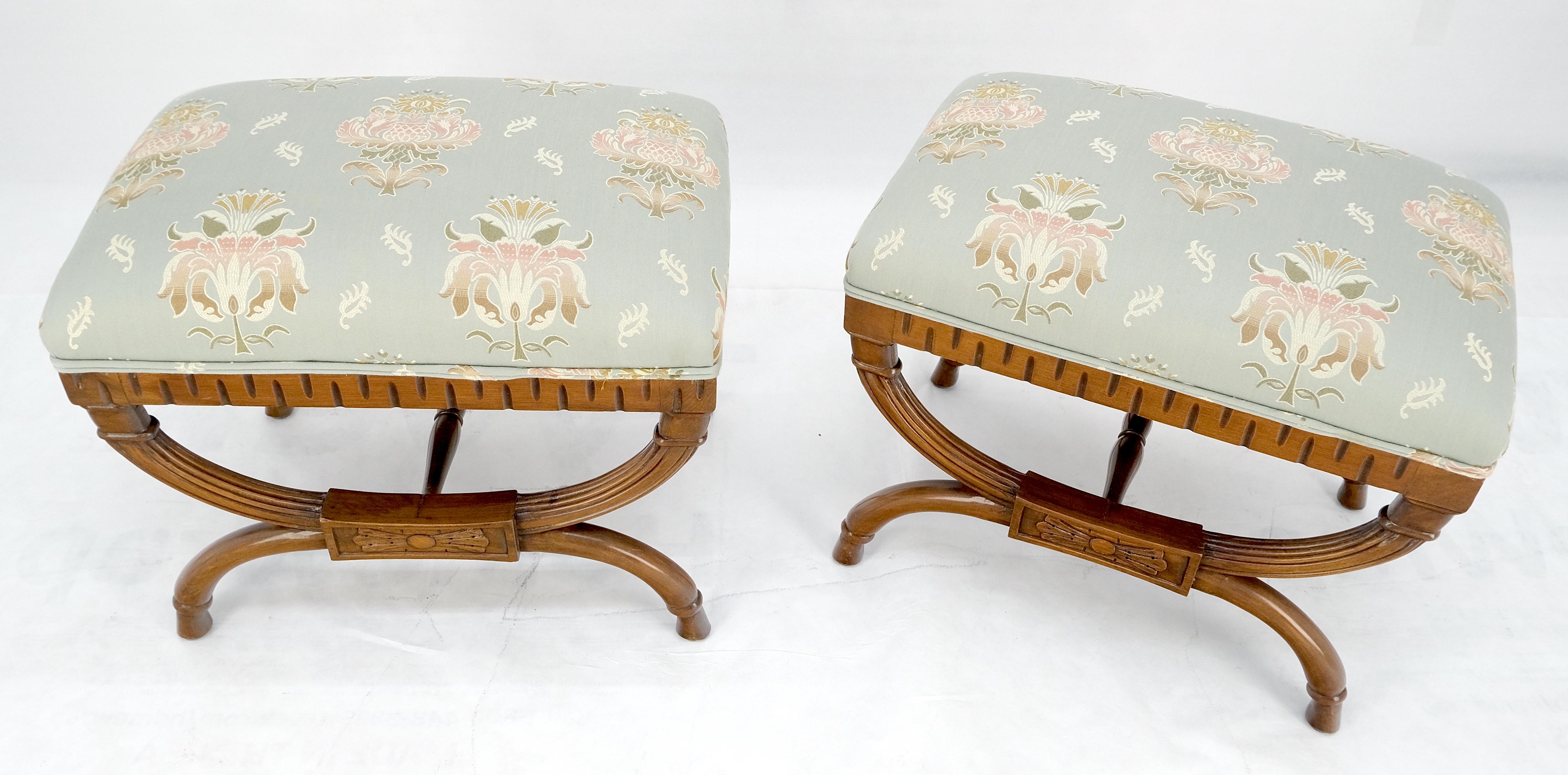 American Pair of Carved Mahogany Regency Style Upholstered Decorative Benches MINT!
