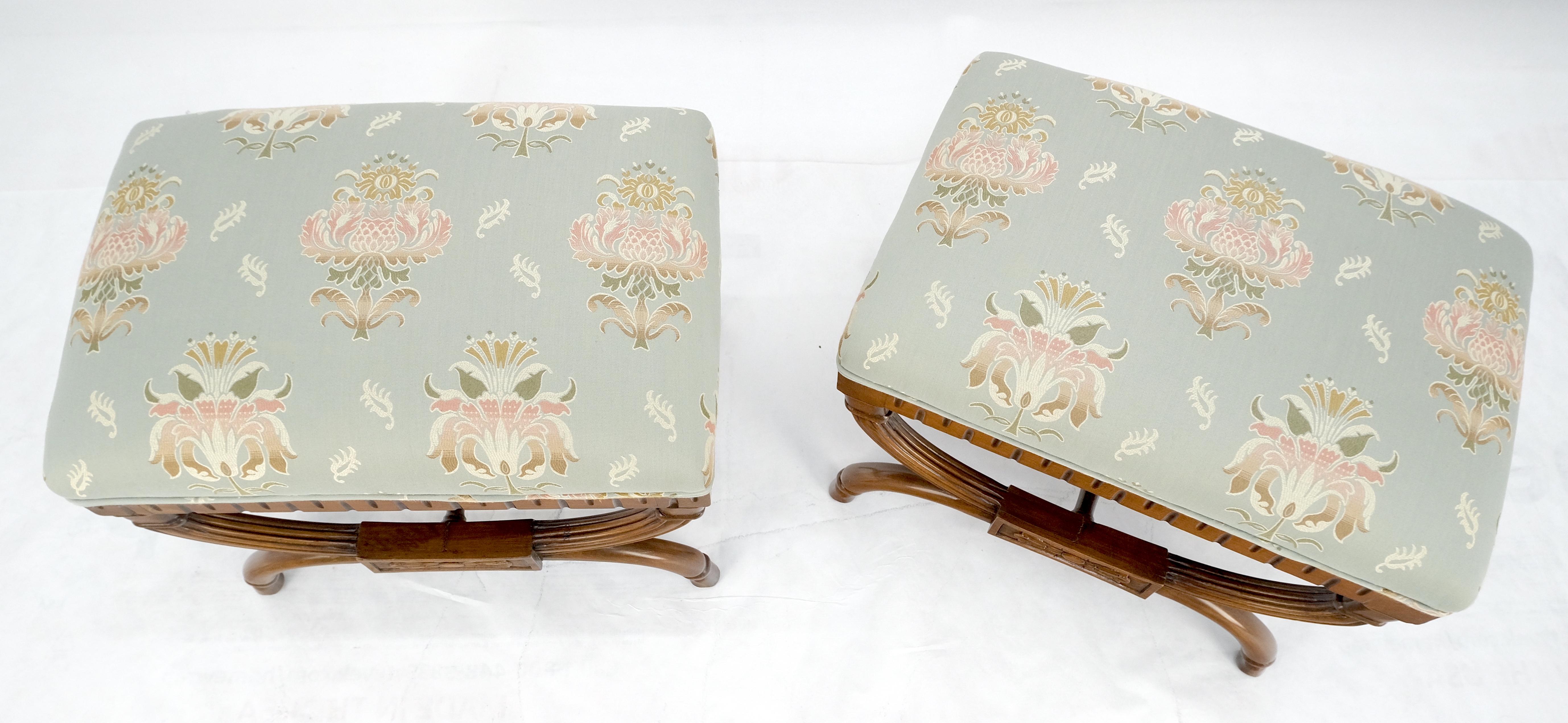 20th Century Pair of Carved Mahogany Regency Style Upholstered Decorative Benches MINT!