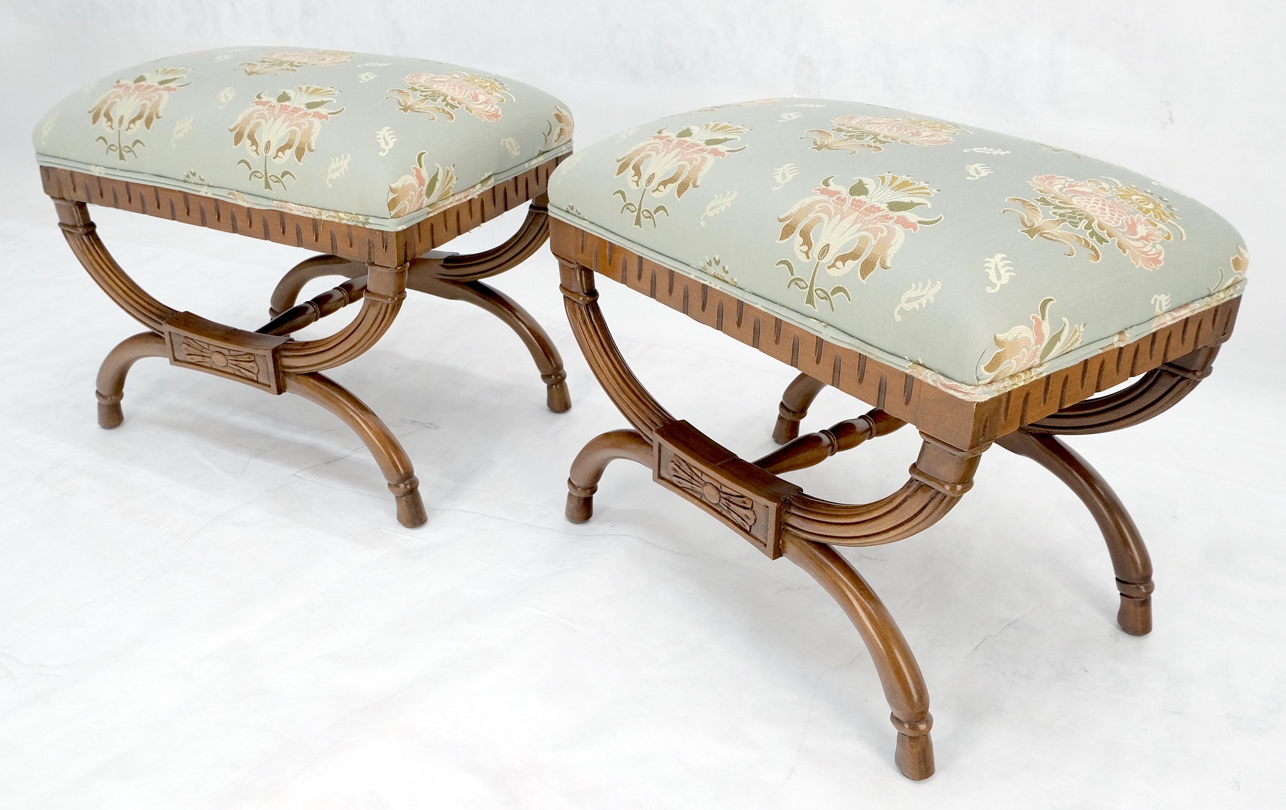 Pair of Carved Mahogany Regency Style Upholstered Decorative Benches MINT! 1