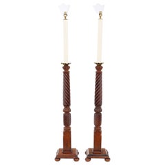 Antique Pair of Carved Mahogany Standard Reading Lamps, 19th Century