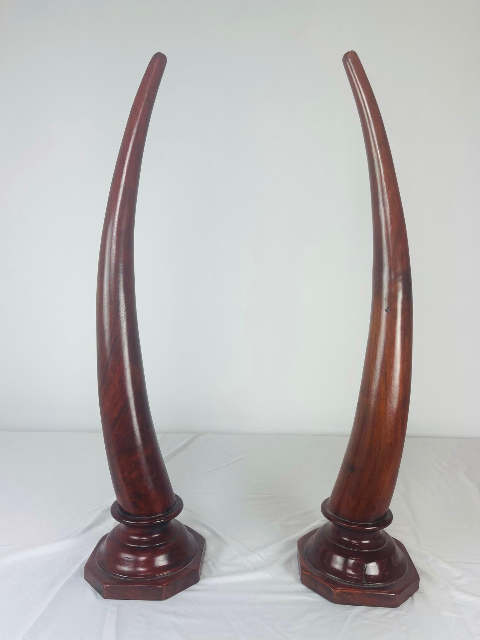 Mid-Century Modern Pair of Carved Mahogany Tusks