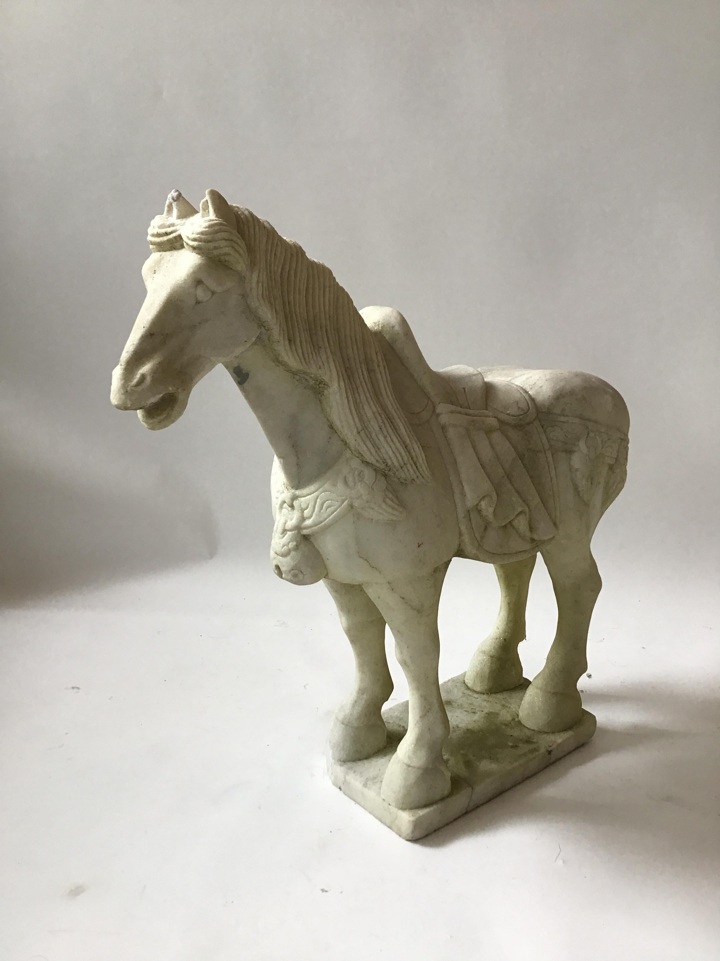 Pair of Carved Marble Asian Horses For Sale 5